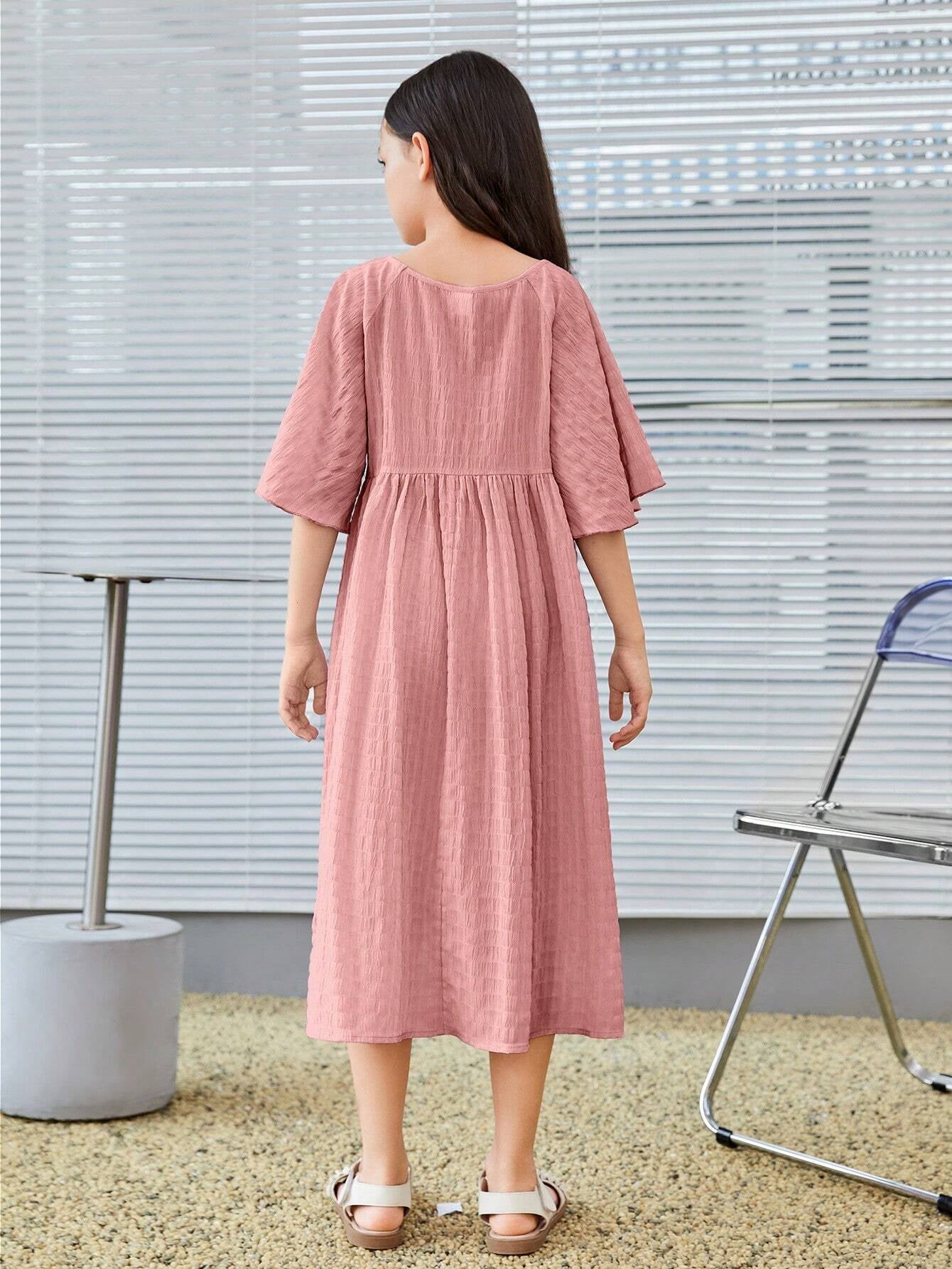 Tween Girl Solid Loose-Fit Elegant Dress with Square Neckline, Cap Sleeves, Suitable for Spring & Summer