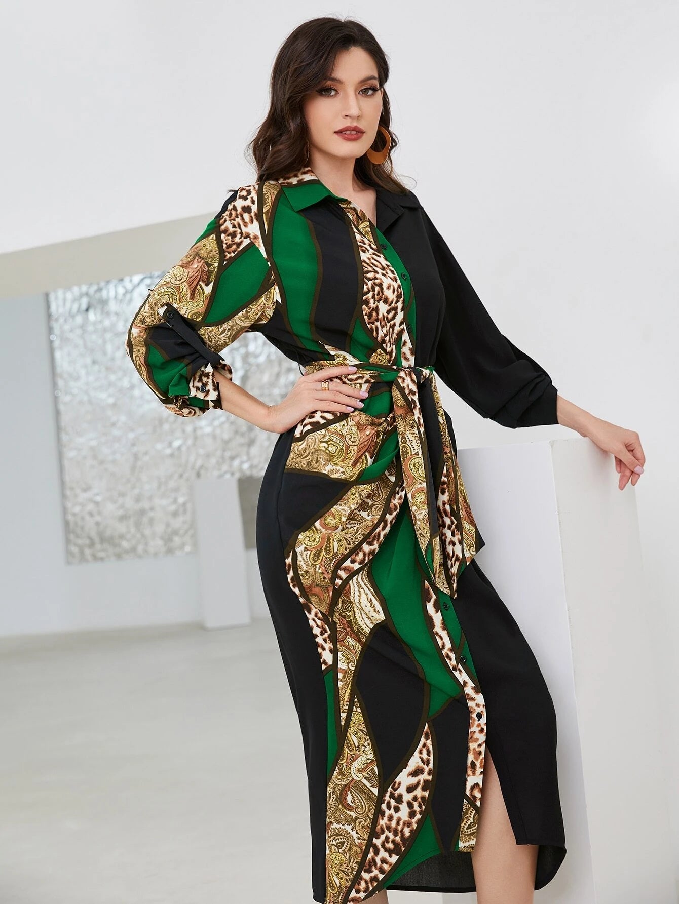 Mulvari Patchwork Print Roll Tab Sleeve Belted Shirt Dress