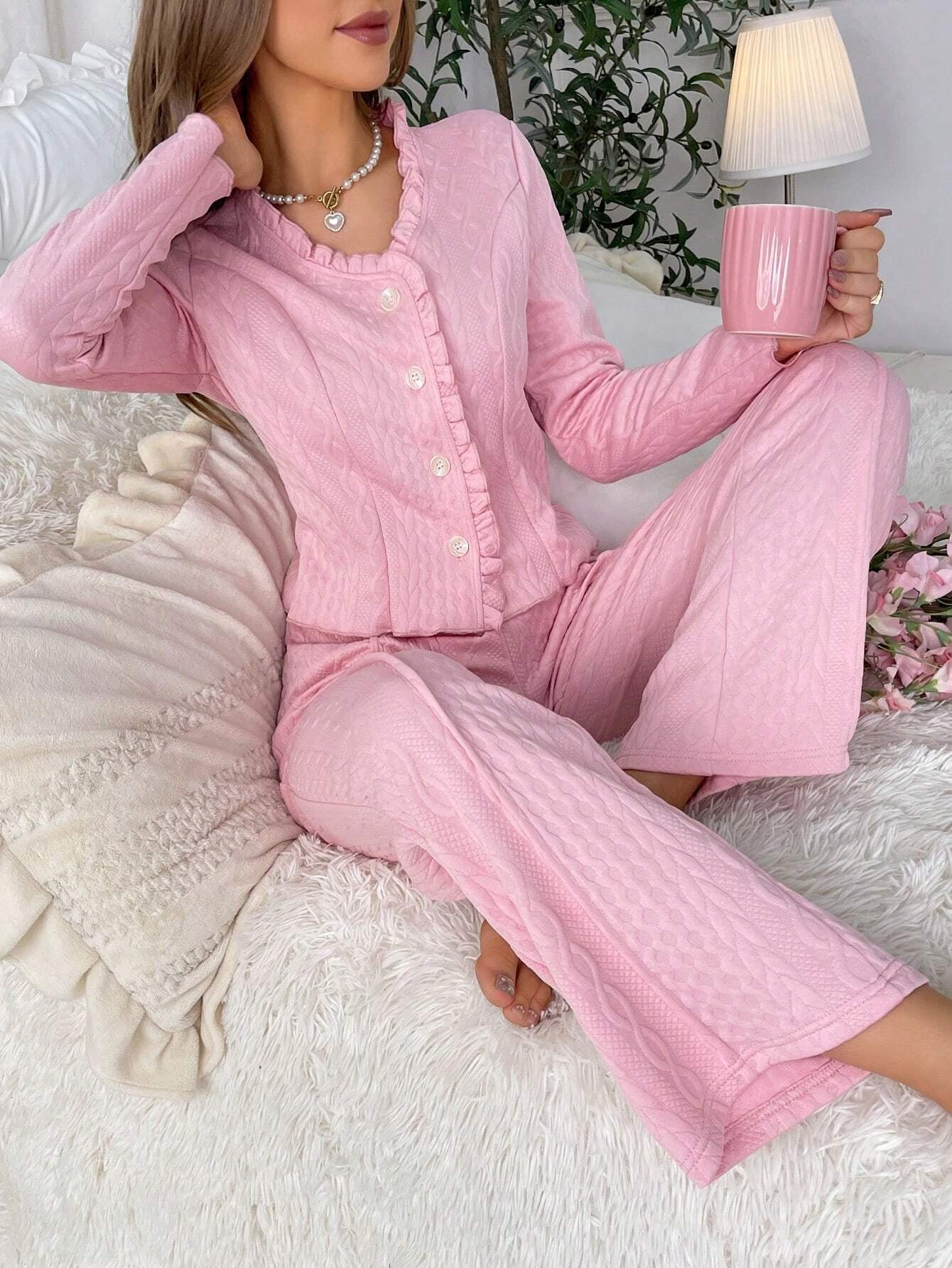 Frill Trim Button Front Lounge Set