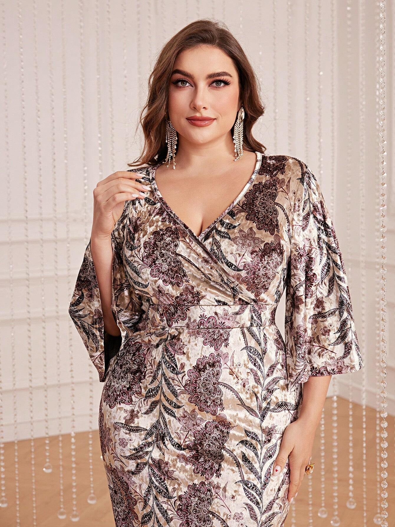 Modely plus Floral Print Flounce Sleeve Dress