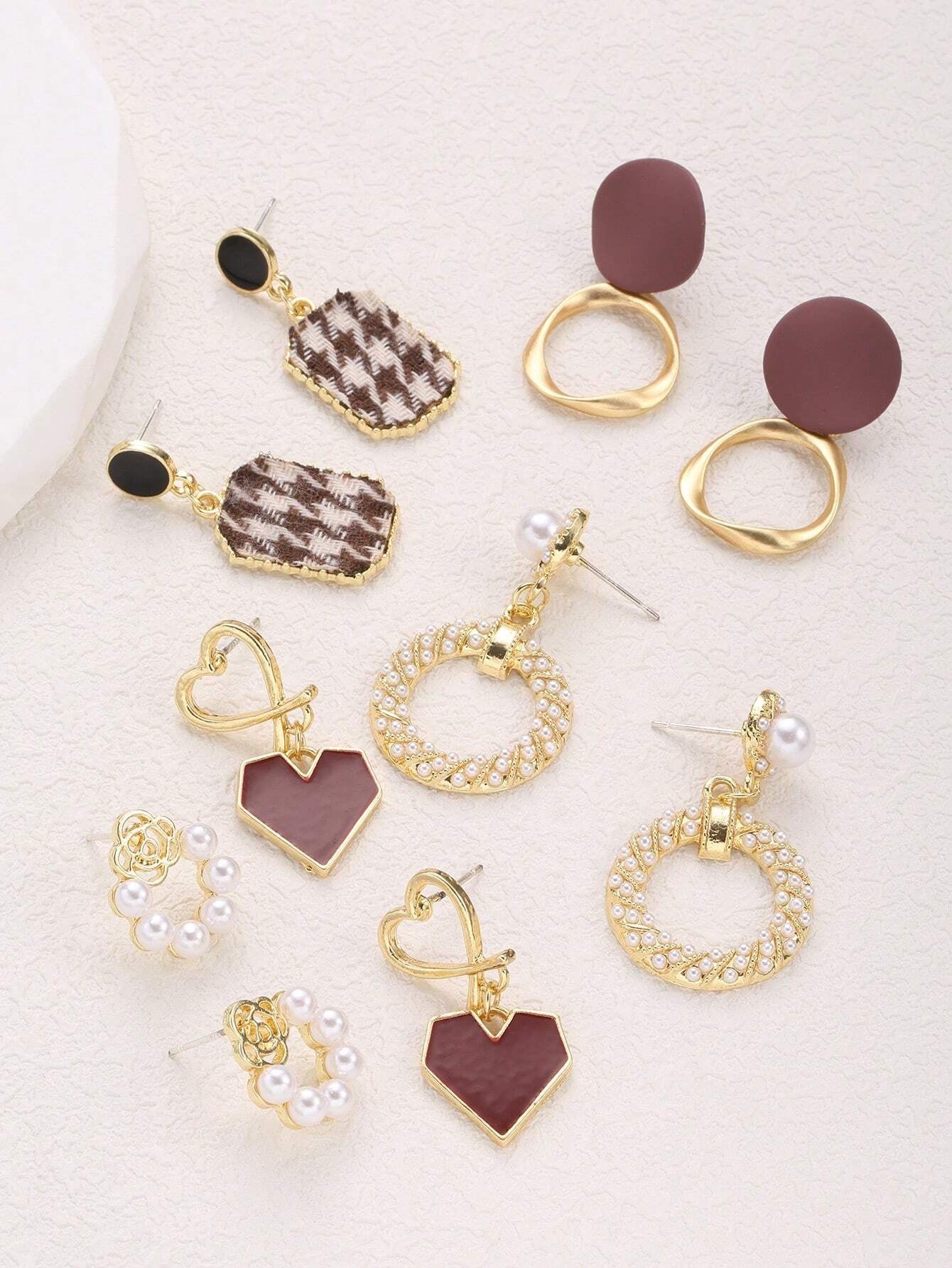 5Pairs/Set Vintage Alloy Dangle Earrings with Pearls & Rhinestone Heart-Shaped Ear Studs, Suitable for Women'S Daily Wear