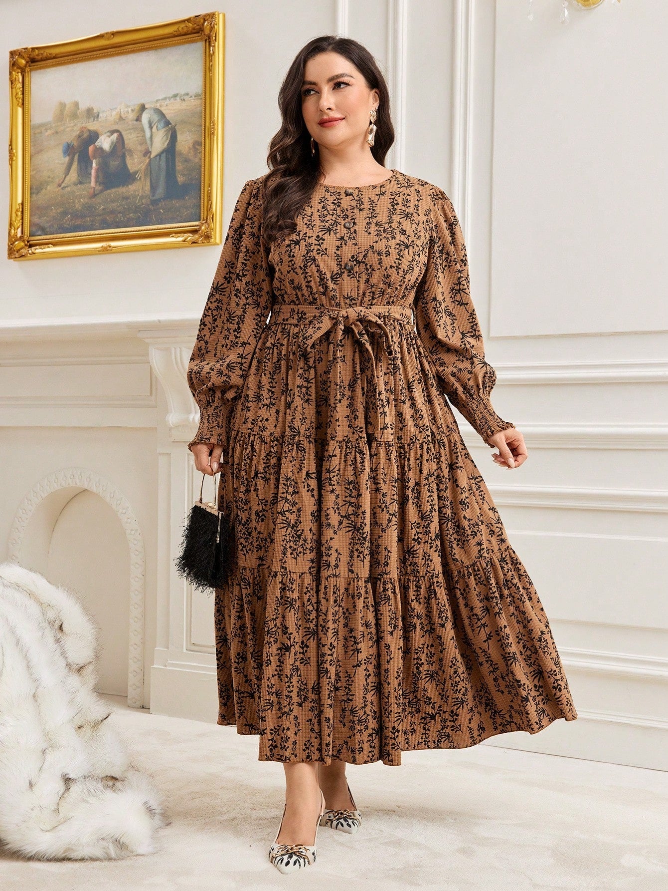 Mulvari plus Ditsy Floral Print Lantern Sleeve Ruffle Hem Belted Dress