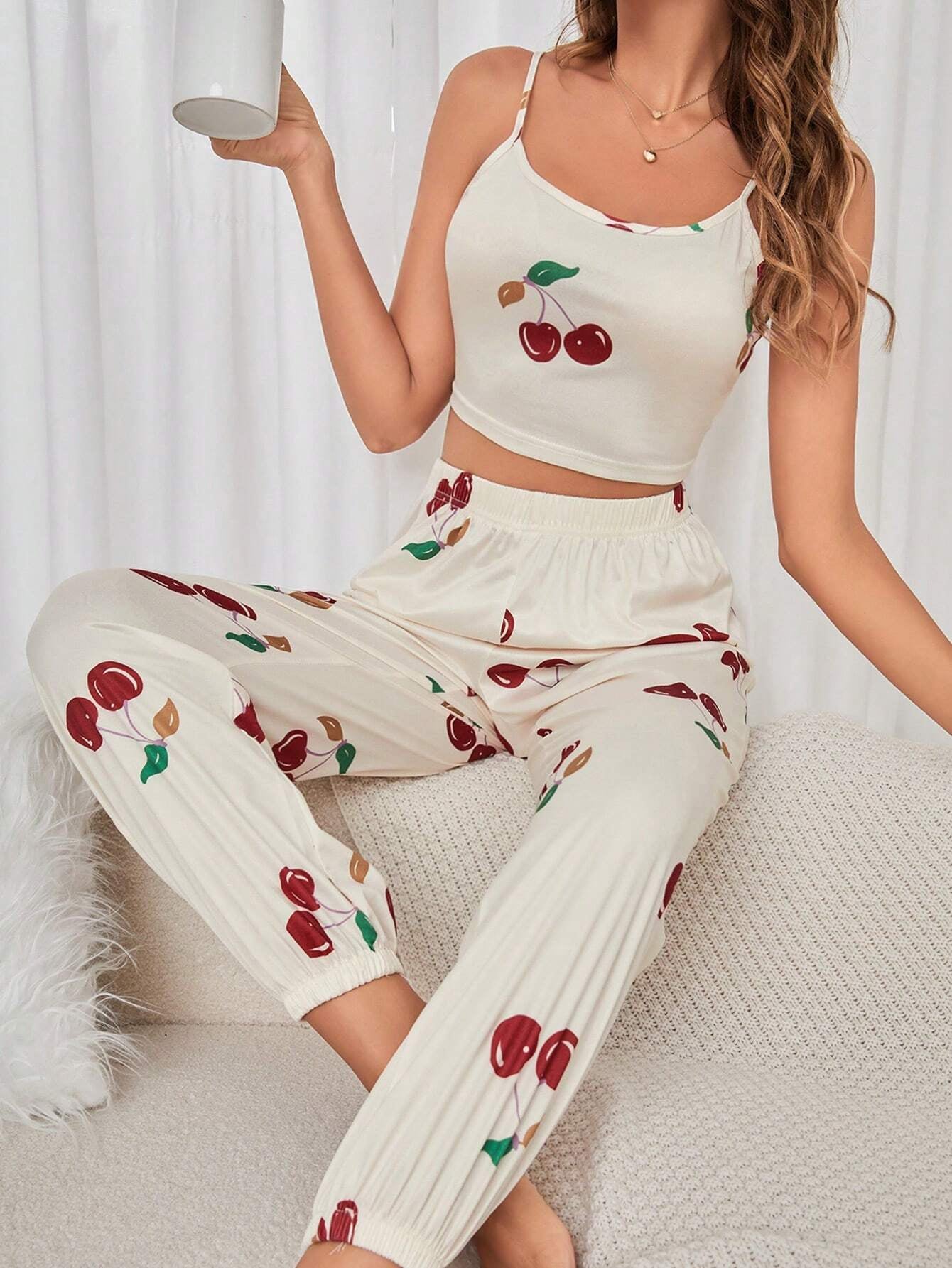 Women'S Cherry Printed Camisole Top and Pants Pajama Set