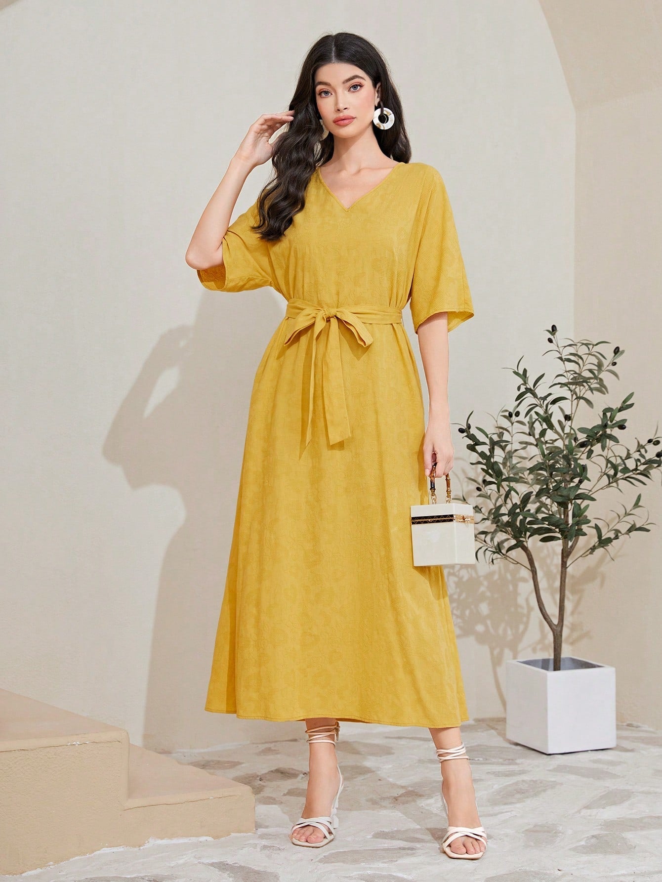 Mulvari Cotton Solid Belted A-Line Dress