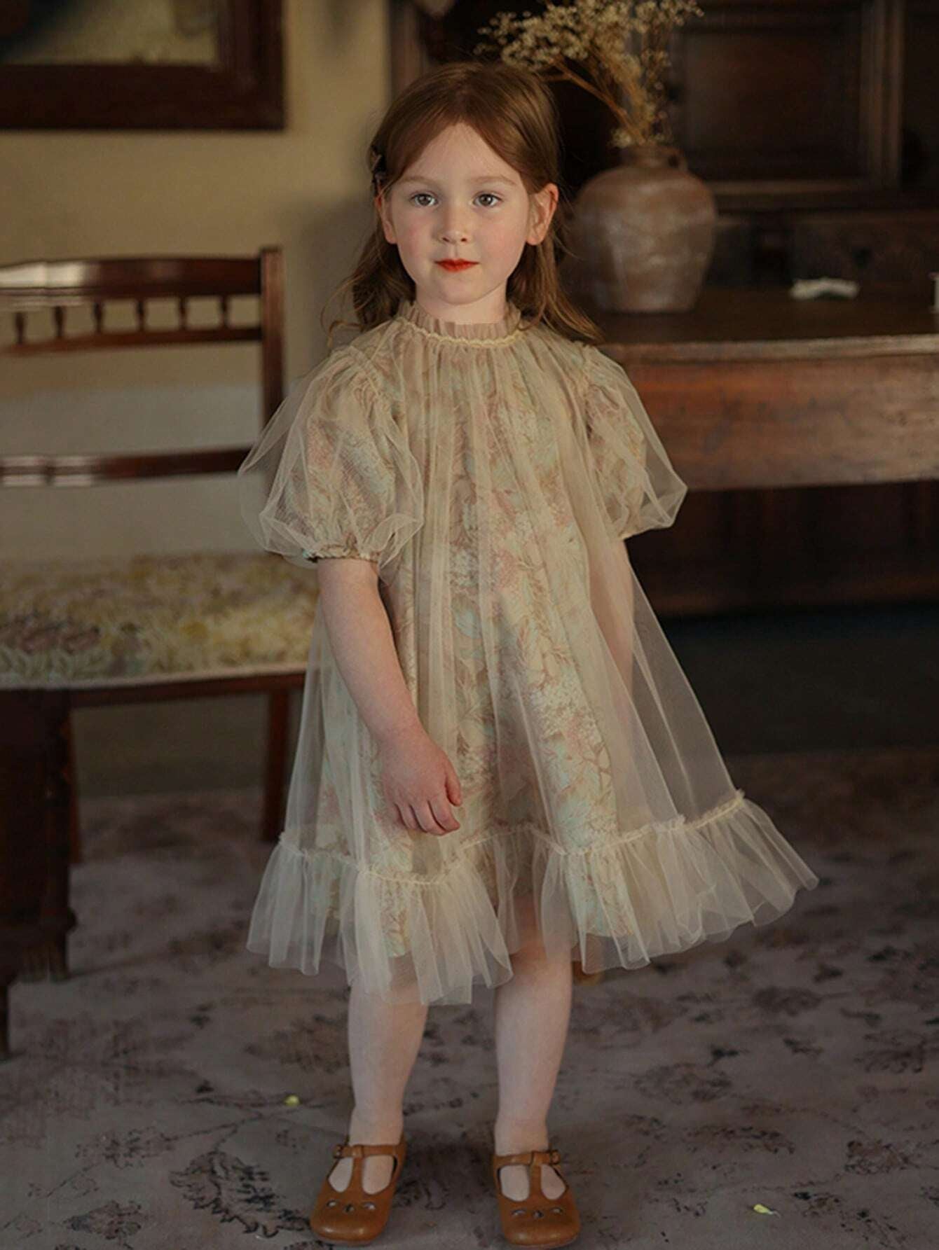 Young Girls' Vintage Floral Patchwork Mesh Bubble Sleeve Dress with Print, Casual Style