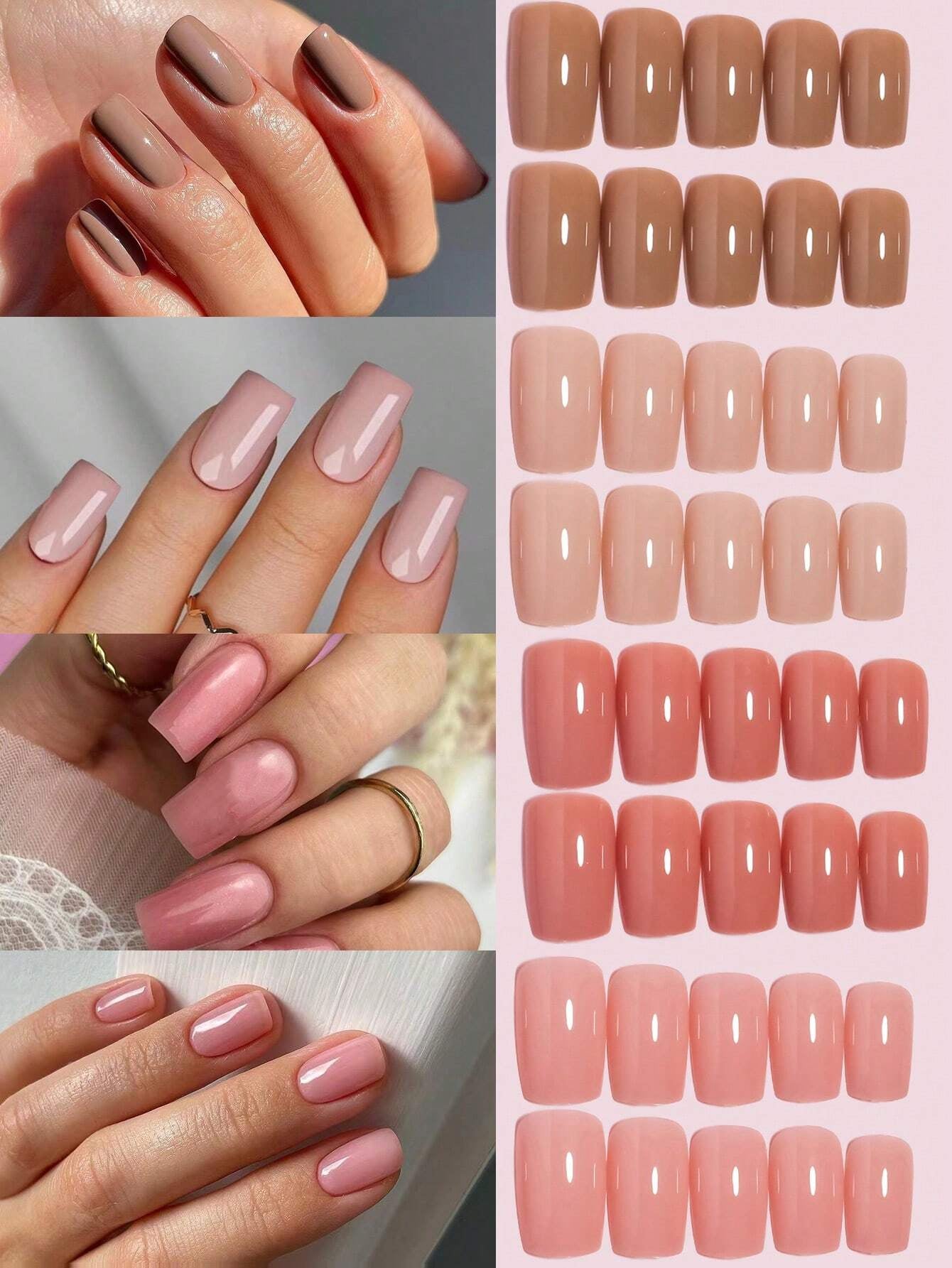 96Pcs (Matte Dark Brown/Matte Nude/Shiny Nude/Shiny Light Nude) DIY Colors Combined Gradient Design Natural Looking Press on Nails Short Fake Nails Square Nails Set with Storage Box as Gift for Women and Girls