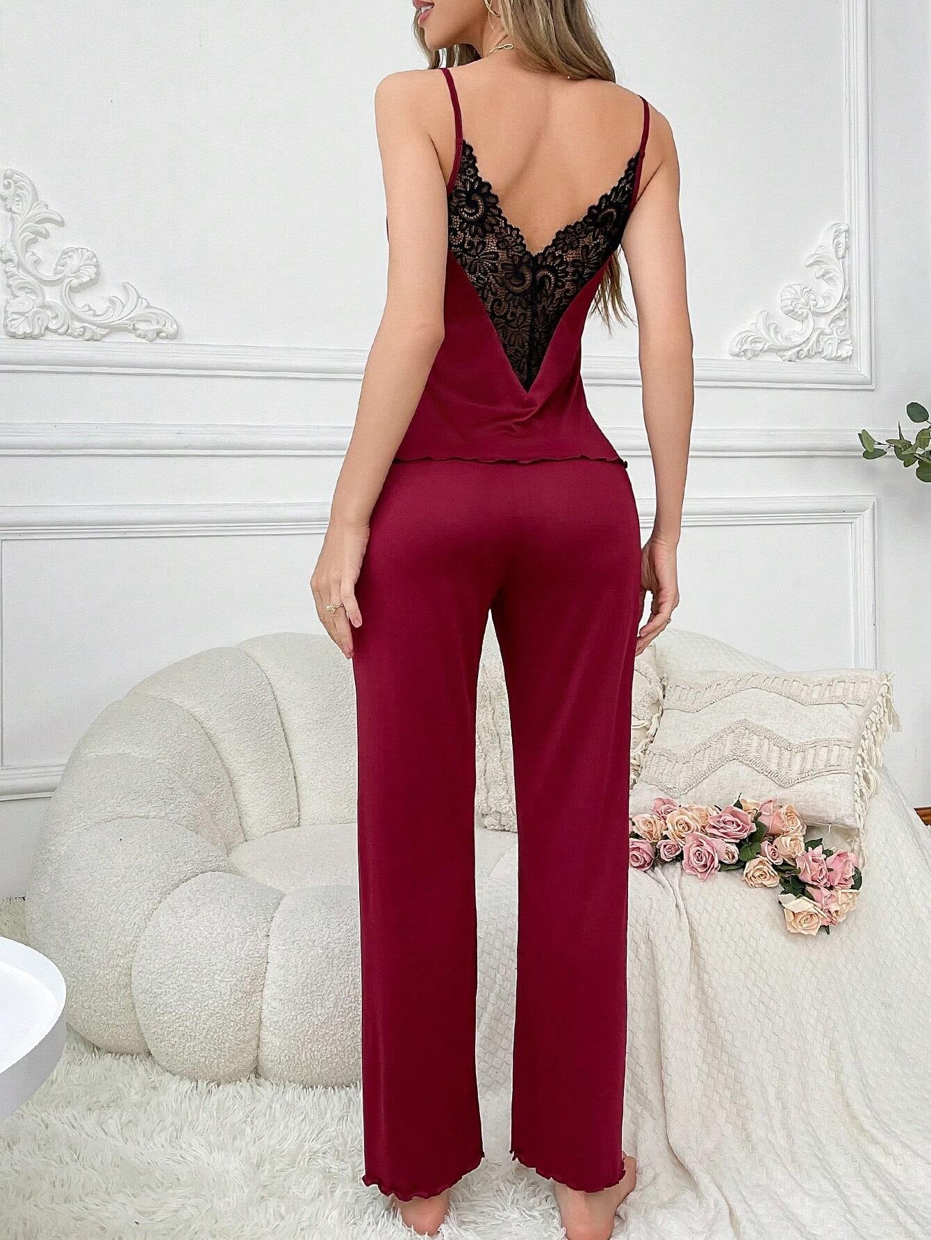 Women'S Contrast Color Lace Trimmed Camisole Top and Pants Pajama Set