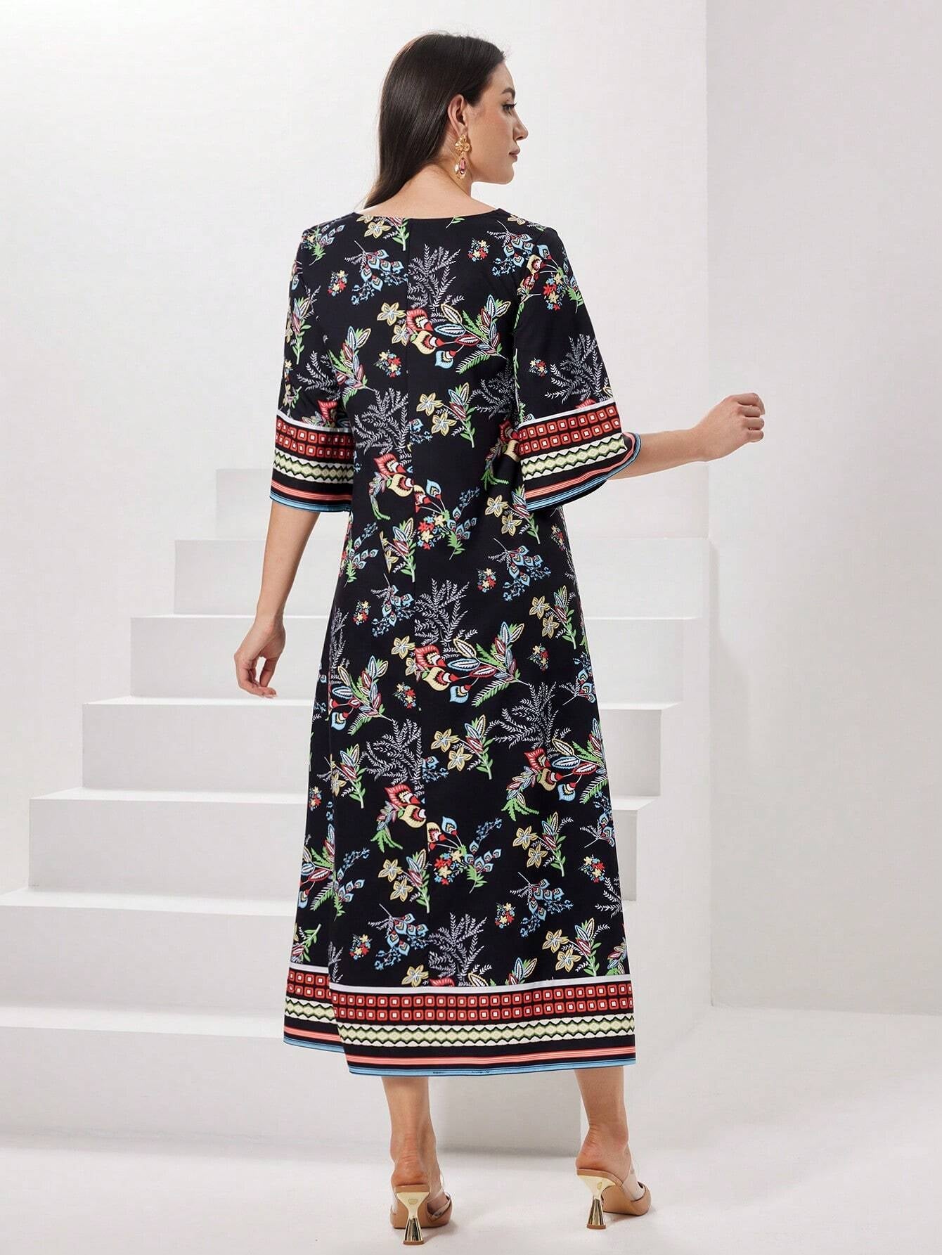 Najma Women'S Floral Printed Arabian Style Dress with Bell Sleeves
