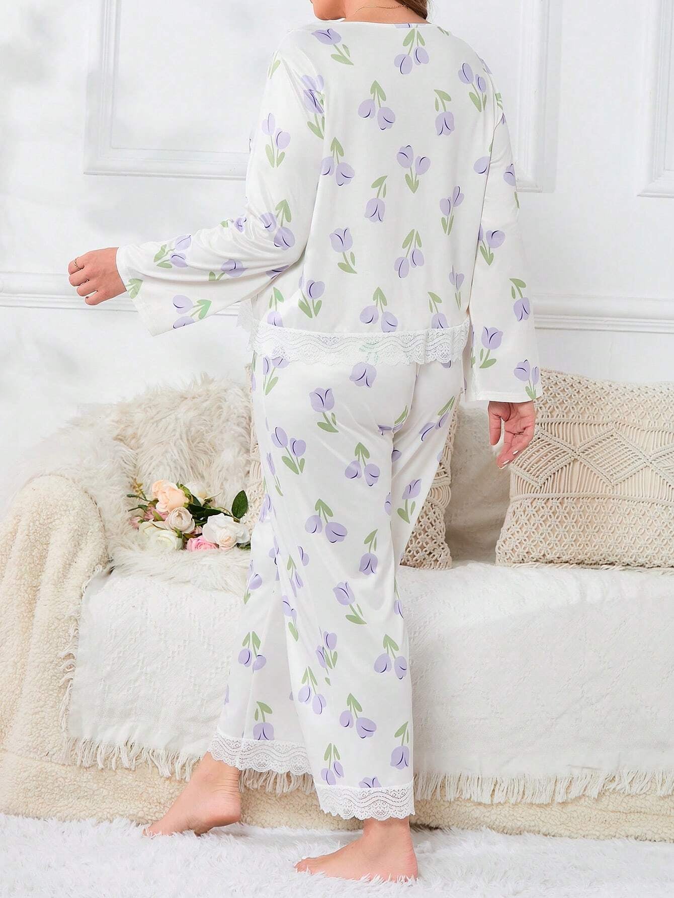 Plus Allover Floral Print Contrast Lace PJ Set