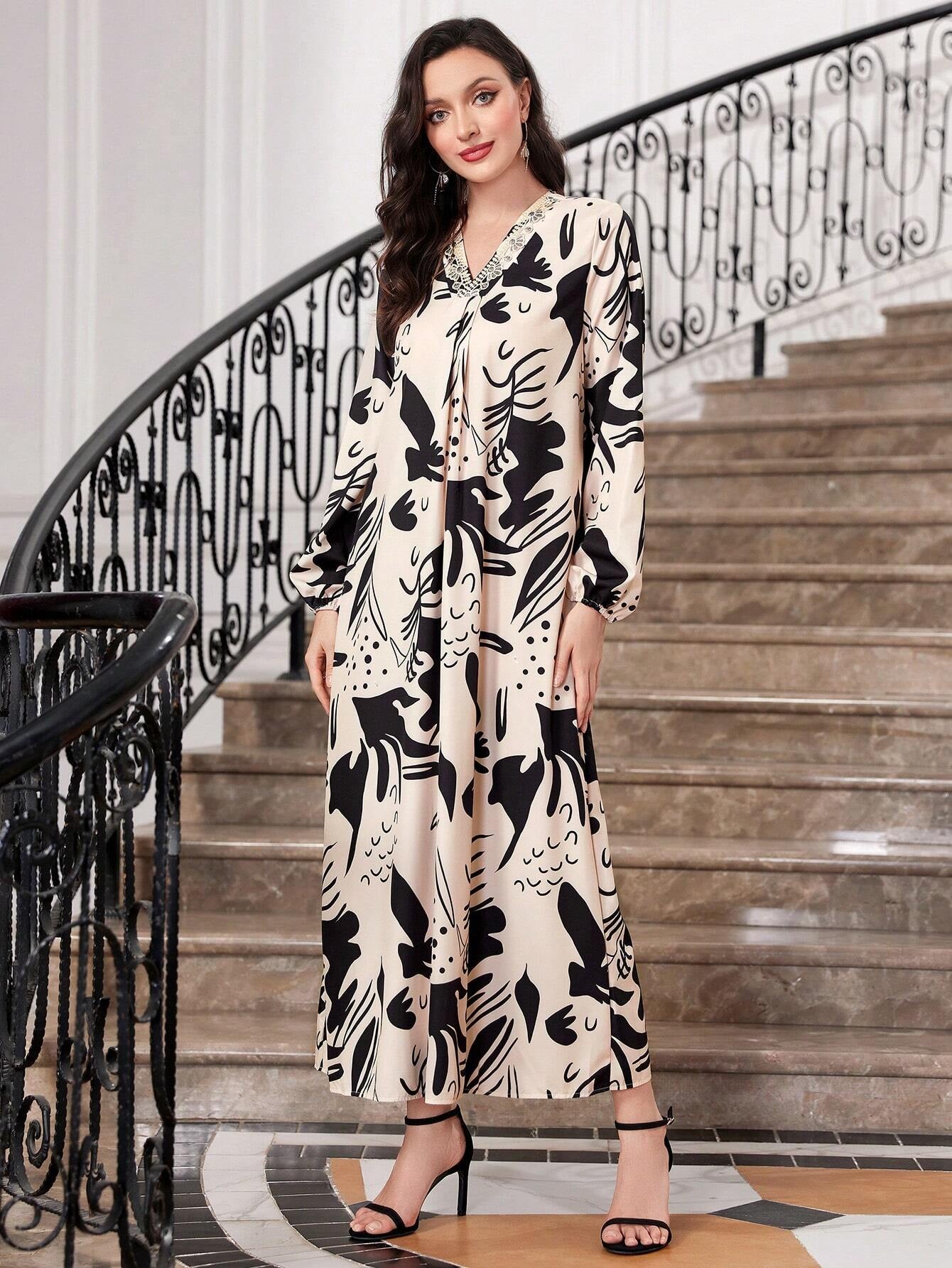 Najma Allover Print V Neck Lantern Sleeve Dress
