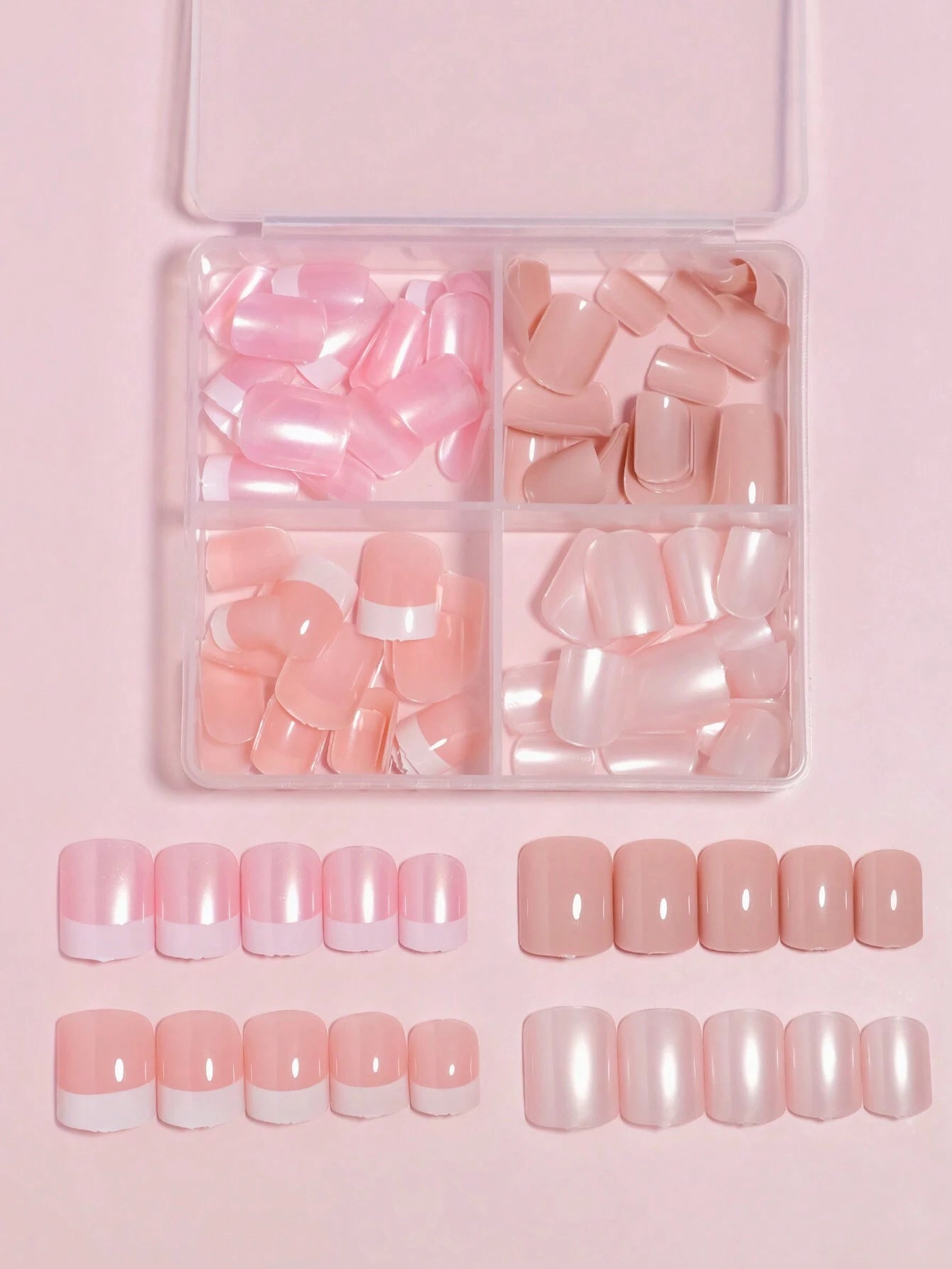 96Pcs(Dark Nude/Nude/Cream/Shrimp Pink-4Colors) Medium Square Press on Nails Acrylic Short Fake Nails Full Cover Solid Colors Designs Shiny Glue on Nails False Nail as Gift for Women and Girls with Storage Box
