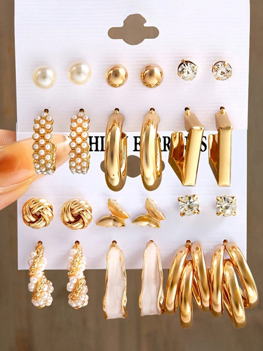 24Pcs Simple Rhinestone Faux Pearl Earrings with Metallic Geometric Design for Women, Perfect for Vacation, Dating, Gifts and Daily Wear