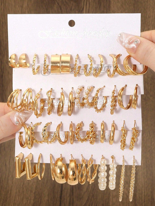 48Pcs/Set Faux Pearl Decor Earrings 48Pcs Multi-Element Metal Earrings Set Women'S Fine Jewelry Birthday Gift