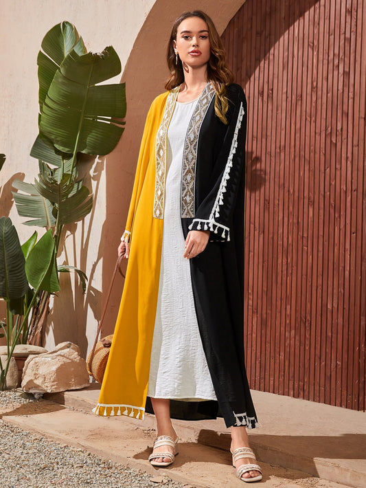 Najma Colorblock Geo Print Fringe Abaya