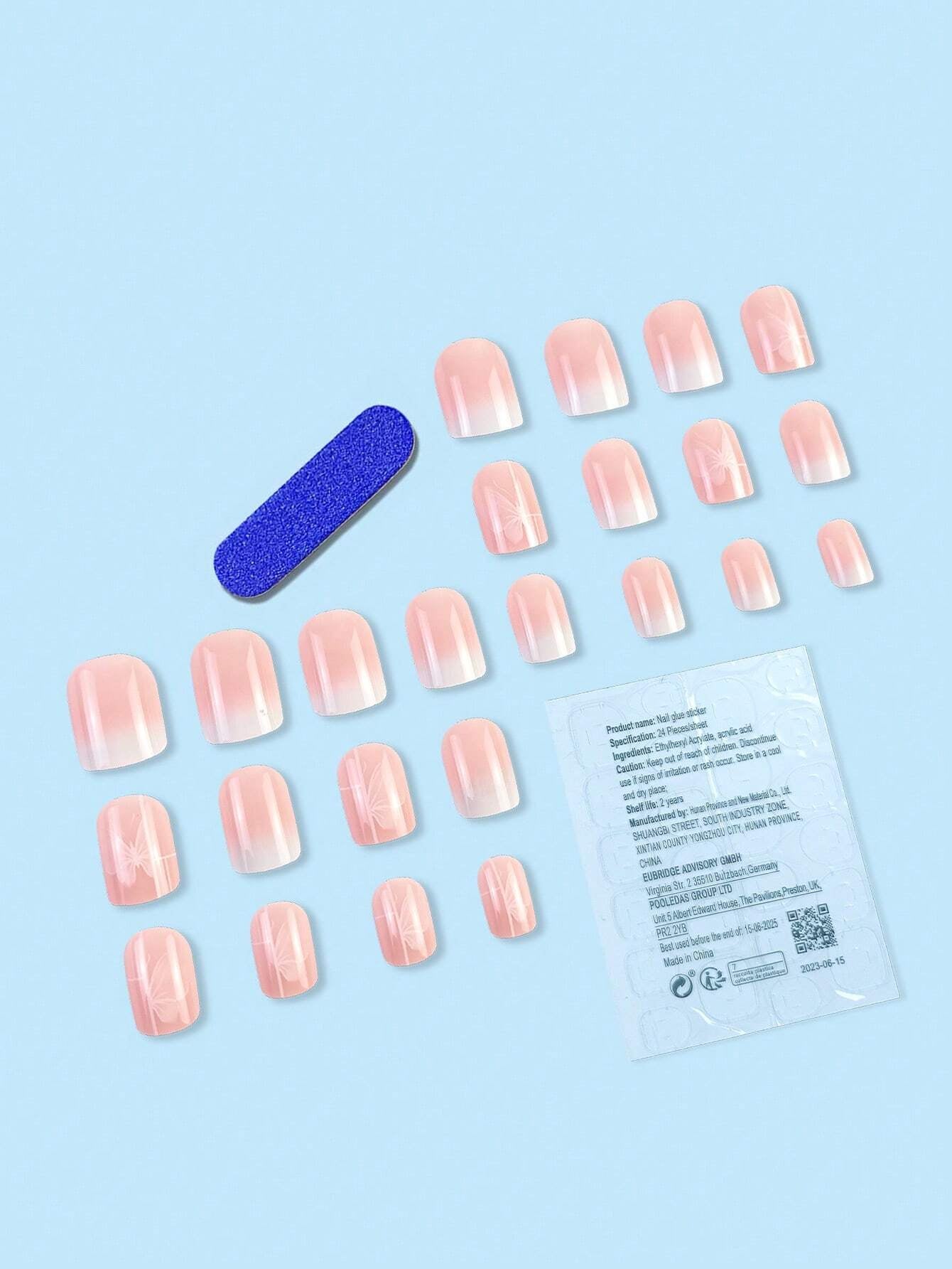 24Pcs Short Coffin Shape Pink Gradual Change Jelly Pink Nail Kit Suitable for Women and Girls