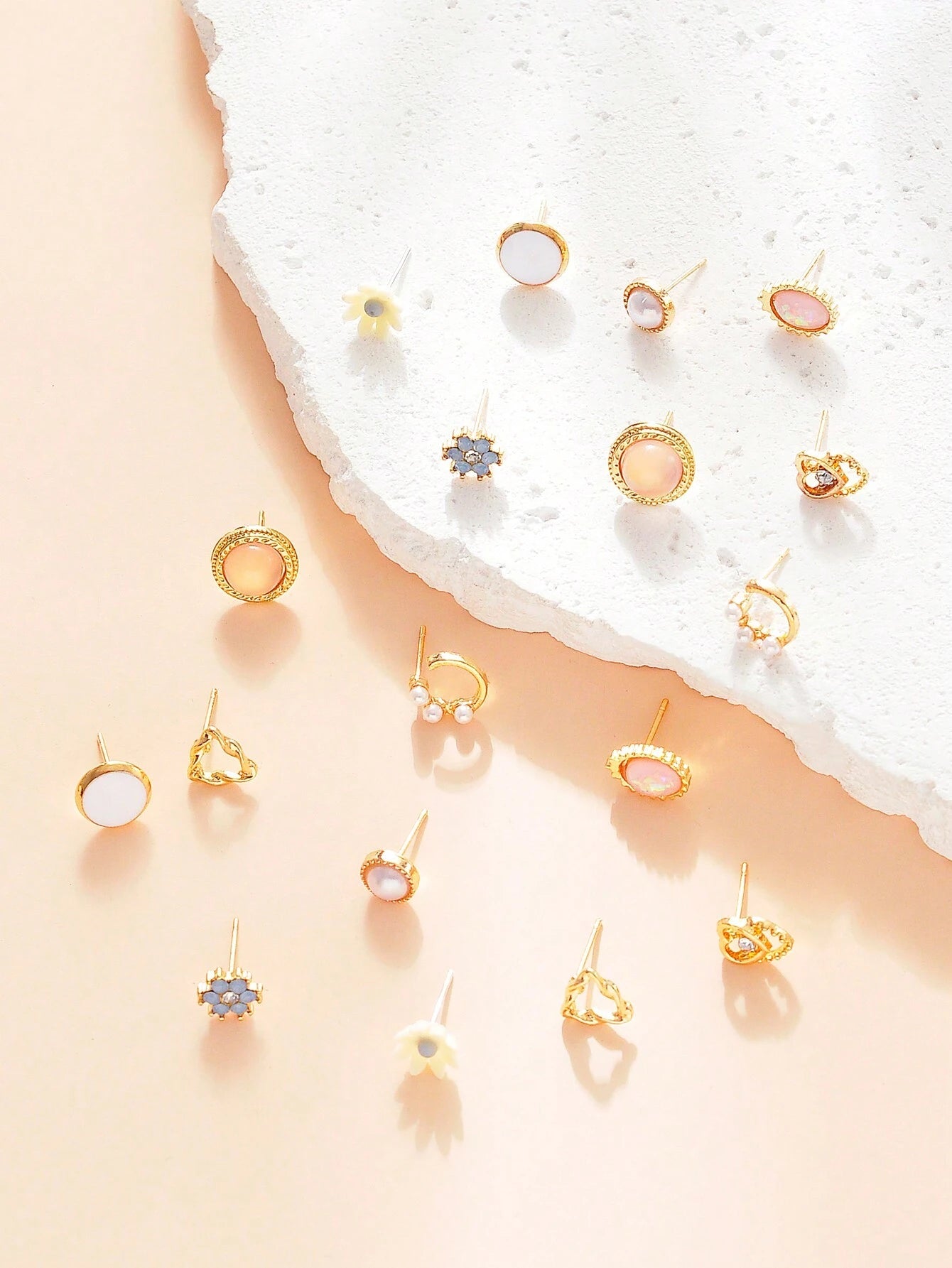 9Pairs/Set Rhinestone & Flower Decor Stud Earrings