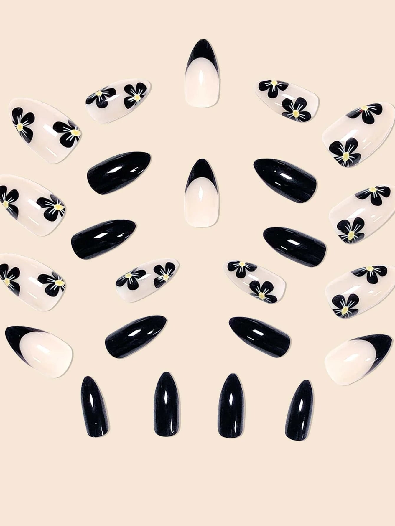 24Pcs False Nails in Waterdrop Shape, Black French Manicure with Small Flowers & Pointy Almond Shape +Jelly Glue + Nail File