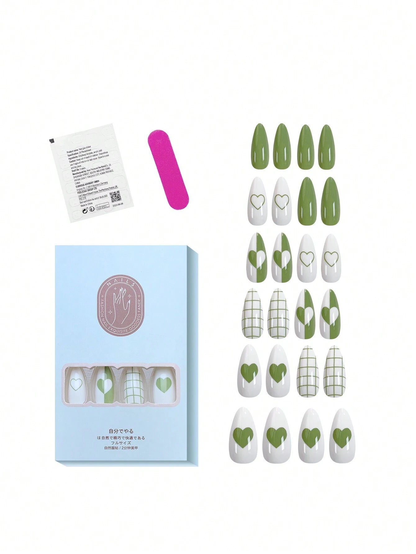 Add a Touch of Romance with 24Pcs Medium Long Almond Shaped Matte & Glossy Double Green Leaves & Foil Painting Full Coverage Nails for Women and Girls