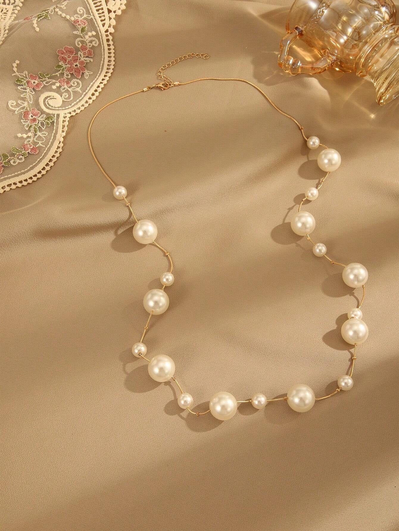 1Pc European and American Popular Long Faux Pearl Sweater Chain Necklace