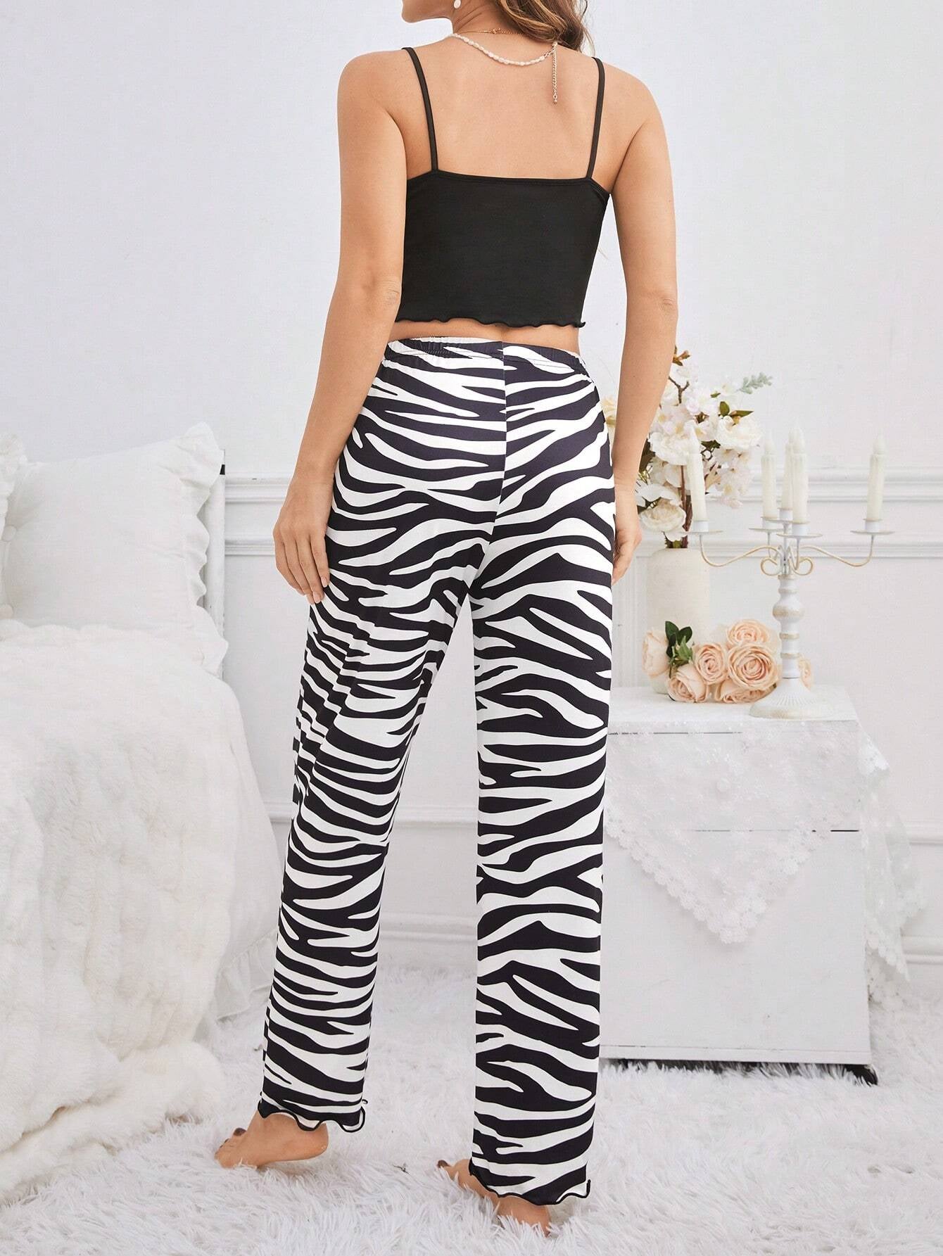 Women'S Ruffled Crop Cami Top and Zebra Printed Pants Pajama Set