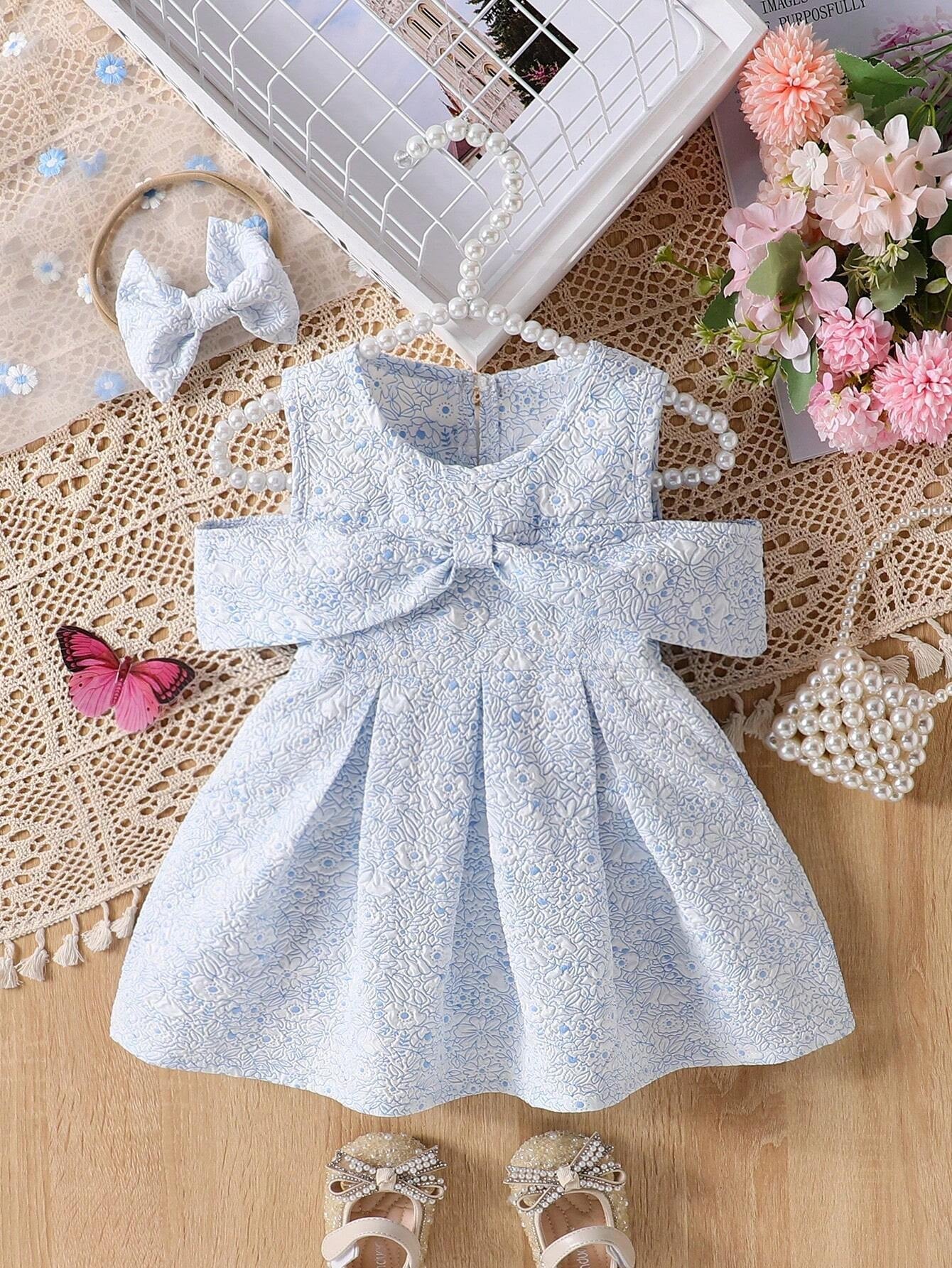 Baby Girls' Simple Jacquard 3D Puff Cold-Shoulder Dress