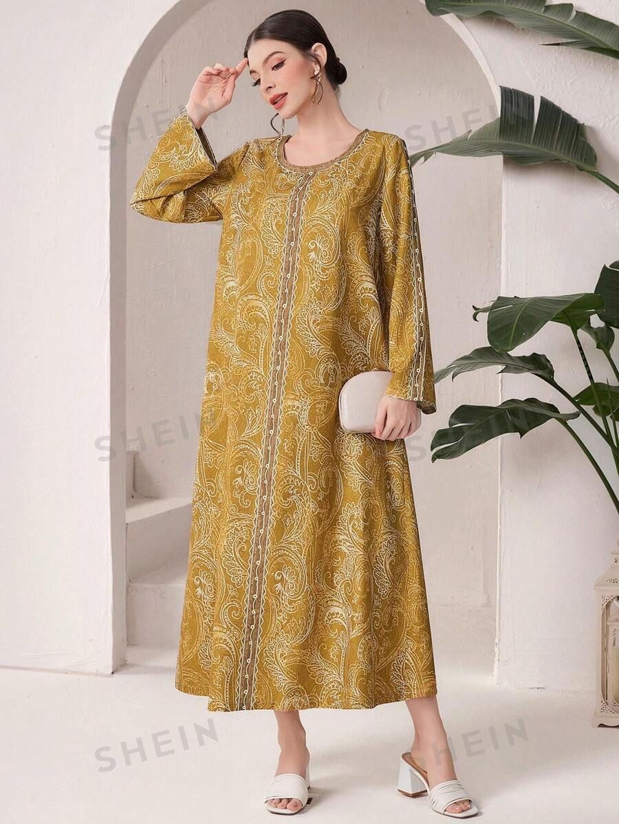 SHEIN Najma عباية جميع الطباعات ذات أكمام جرس للنساء