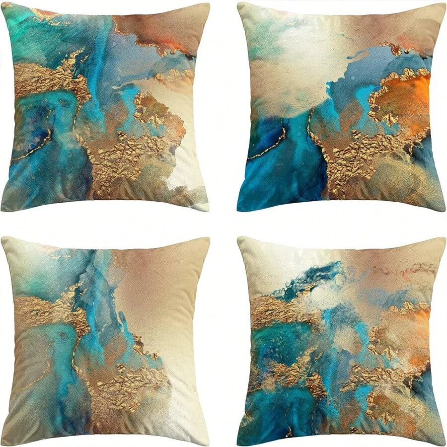 4 غطاء وسادة Teal Gold غطاء وسائد الأريكة لغرفة المعيشة مجموعة من 4 وسائد ديكورية مودرن أزرق Teal و Gold الجميلة المنمقة للأريكة والسرير والمنزلي للأريكة وسادة للسيارات خارجية