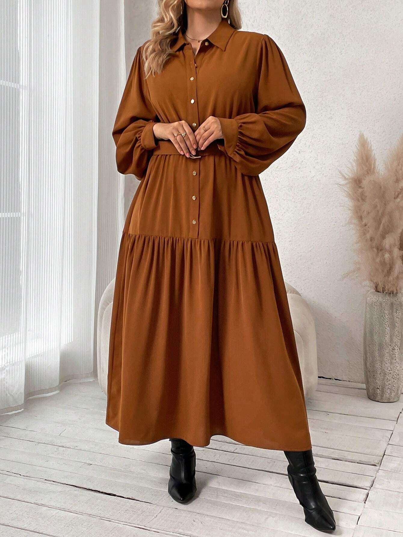 Frenchy plus Lantern Sleeve Ruffle Hem Belted Shirt Dress