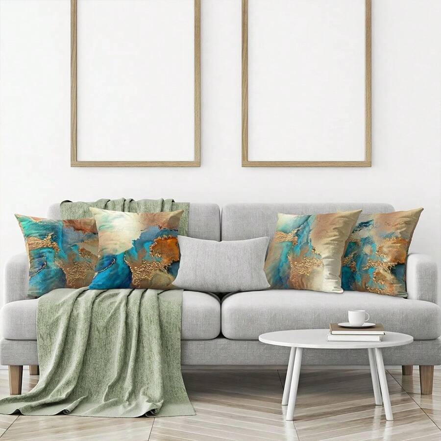 4 غطاء وسادة Teal Gold غطاء وسائد الأريكة لغرفة المعيشة مجموعة من 4 وسائد ديكورية مودرن أزرق Teal و Gold الجميلة المنمقة للأريكة والسرير والمنزلي للأريكة وسادة للسيارات خارجية