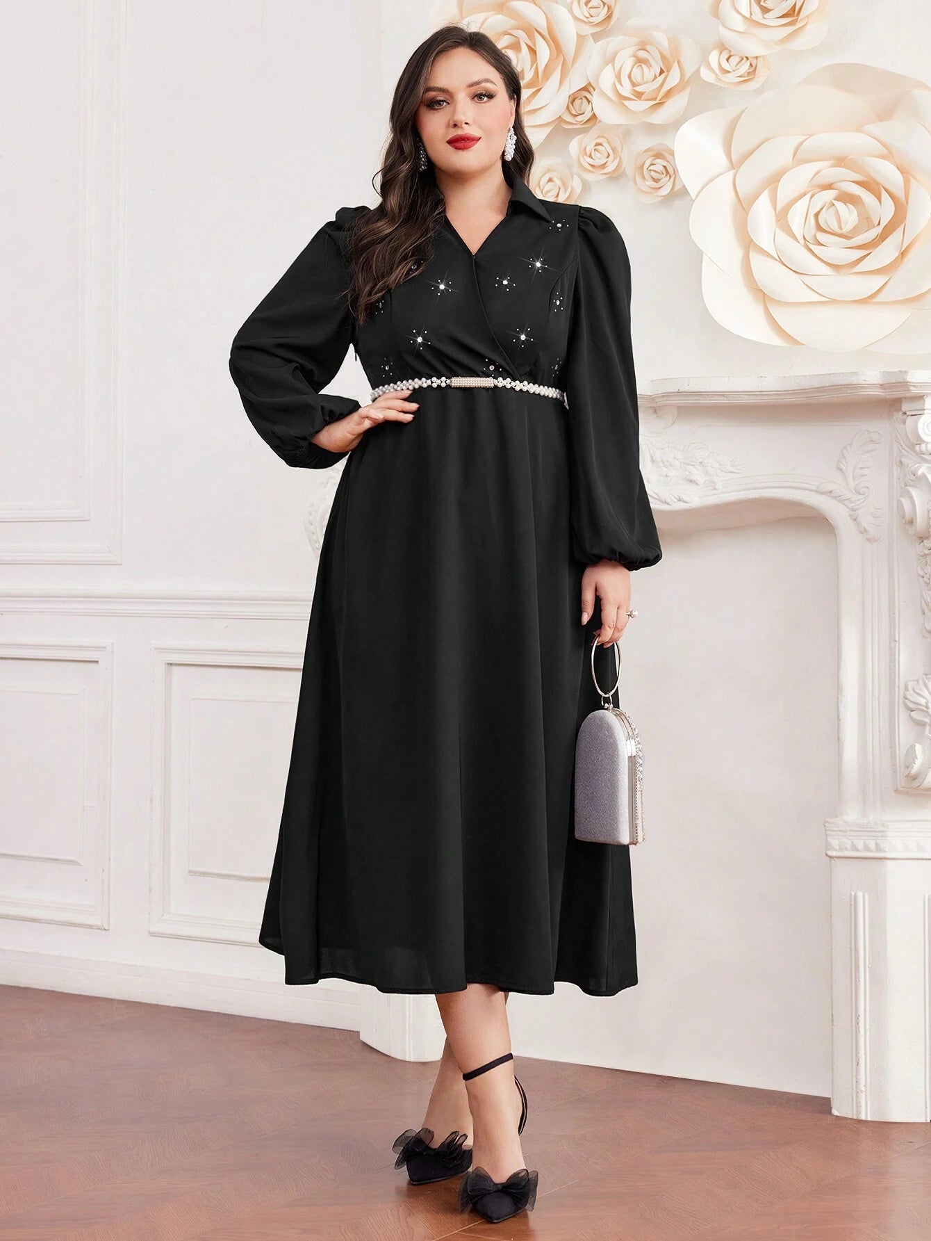 Modely plus Size Crystal Embellished Lantern Sleeves Dress (Belt Not Included)