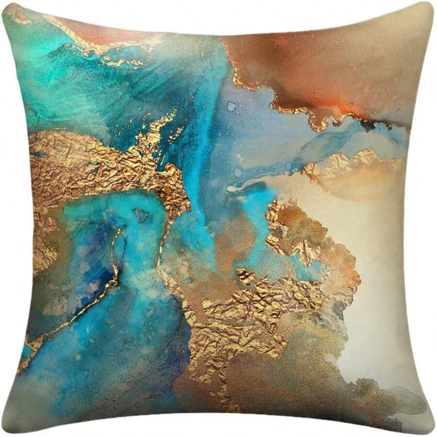 4 غطاء وسادة Teal Gold غطاء وسائد الأريكة لغرفة المعيشة مجموعة من 4 وسائد ديكورية مودرن أزرق Teal و Gold الجميلة المنمقة للأريكة والسرير والمنزلي للأريكة وسادة للسيارات خارجية