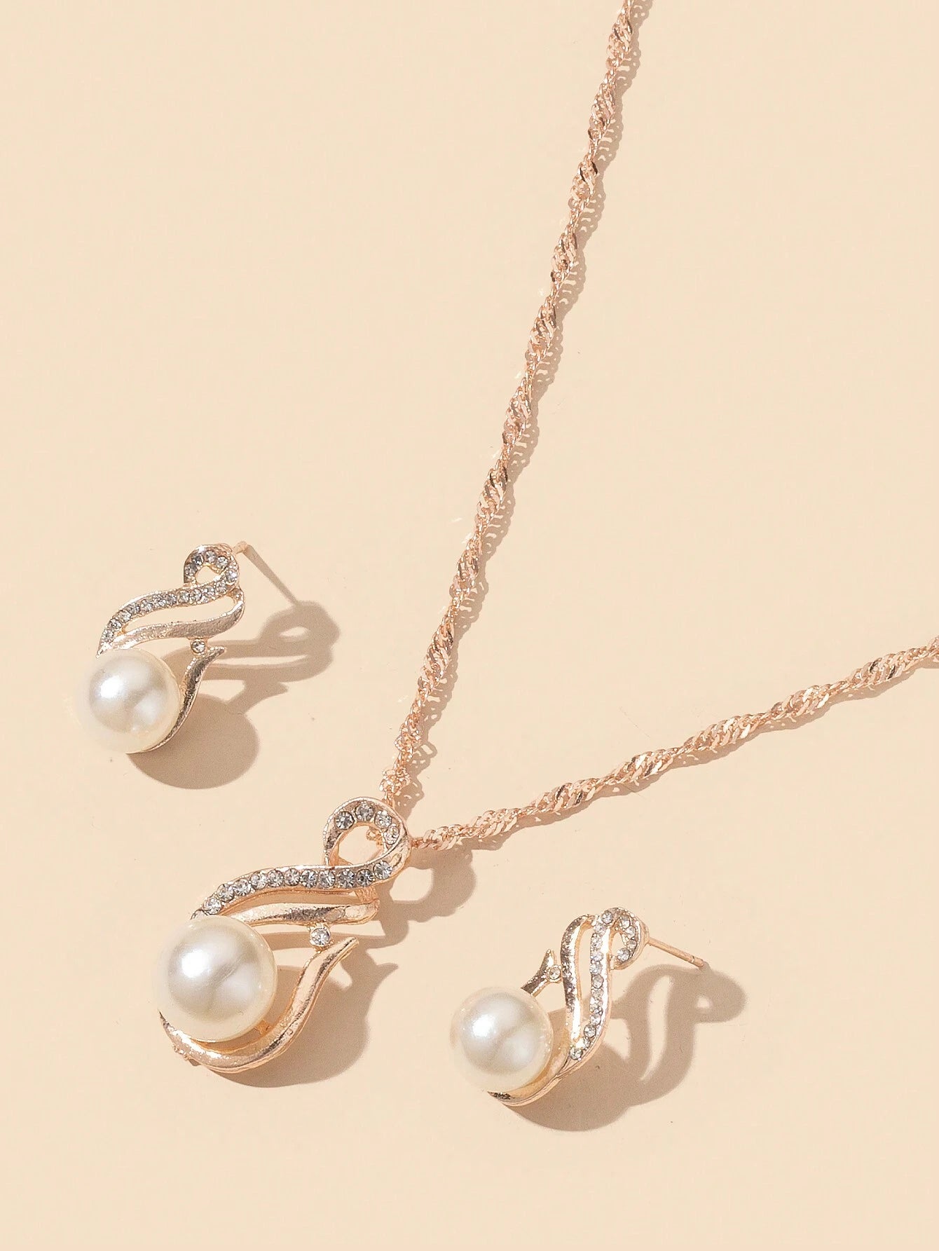 1Pc Charming Water Drop Shaped Rhinestone & Faux Pearl Pendant Necklace and 1Pair Earrings, Birthday/Festival Gift for Women