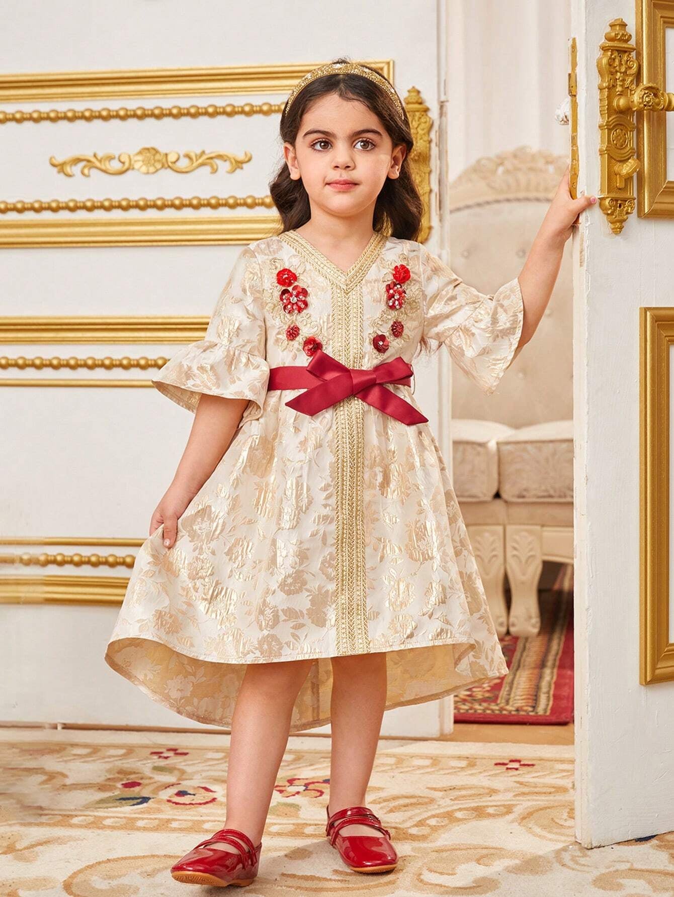 Young Girls' V-Neck Patchwork Jacquard Dress with Woven Belt, Short Front Long Back, Embroidery Detail