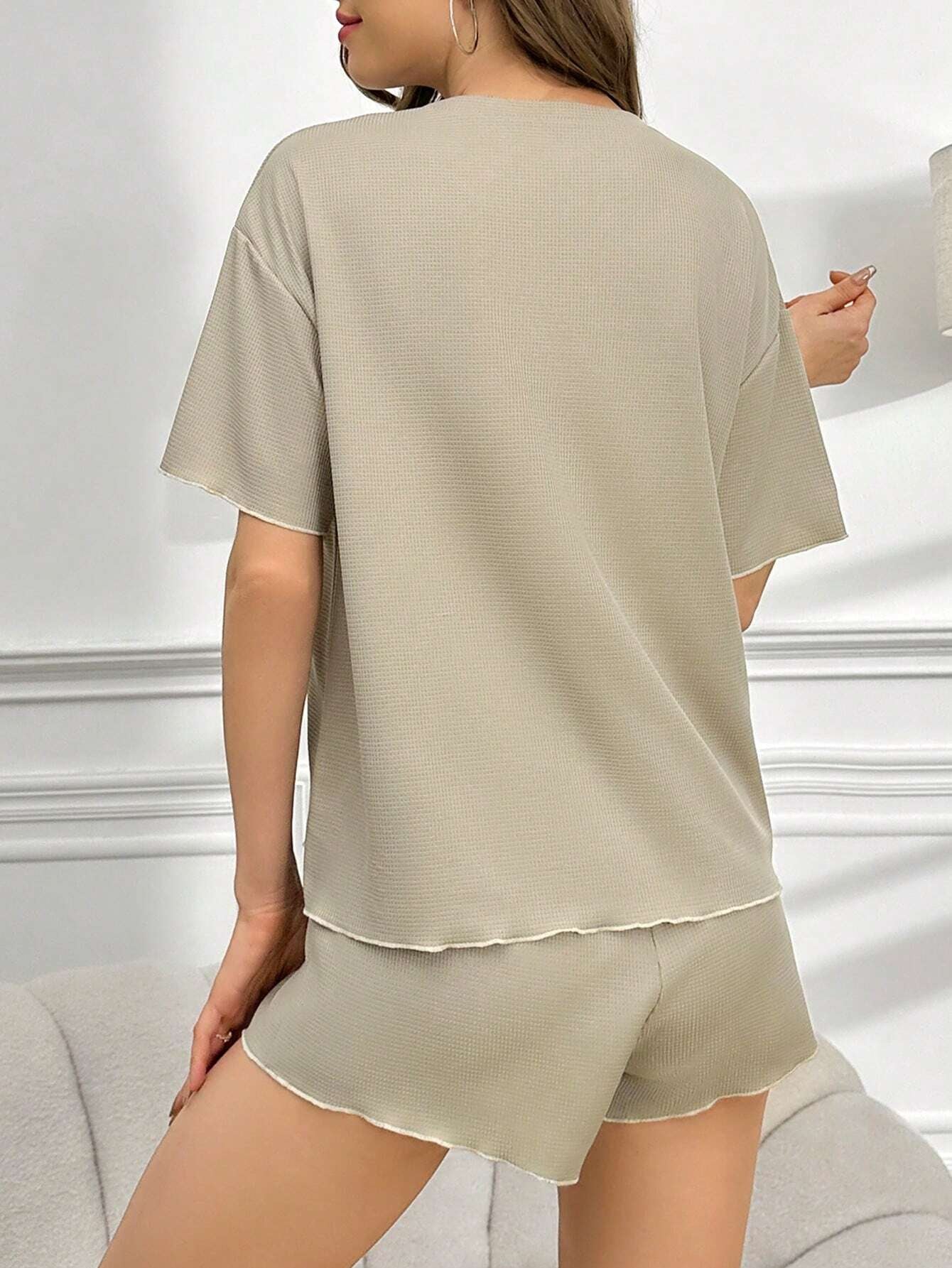 Slogan Embroidered Loose Short Sleeve T-Shirt and Shorts Homewear Set