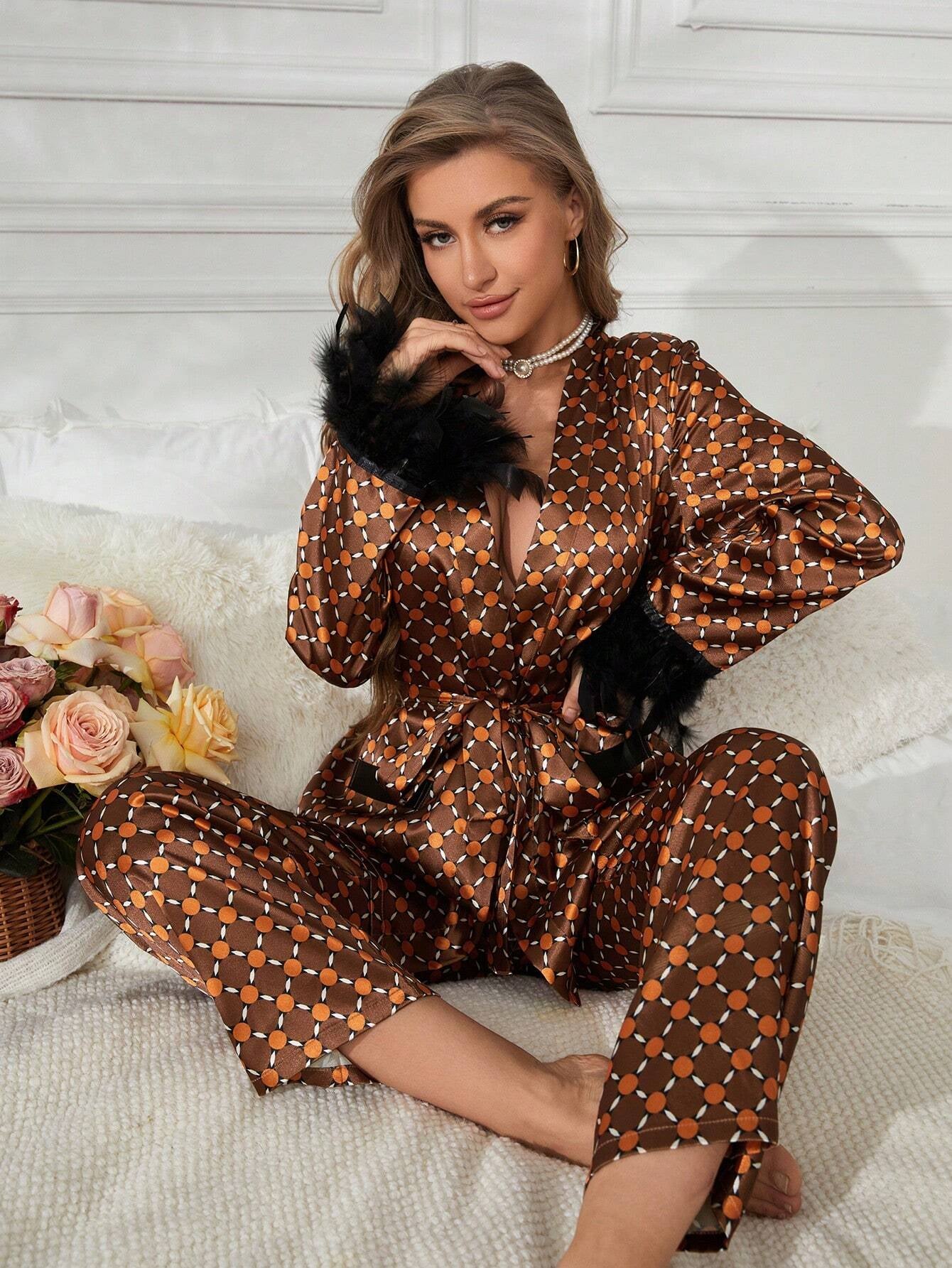 Allover Print Fuzzy Trim Belted Satin PJ Set