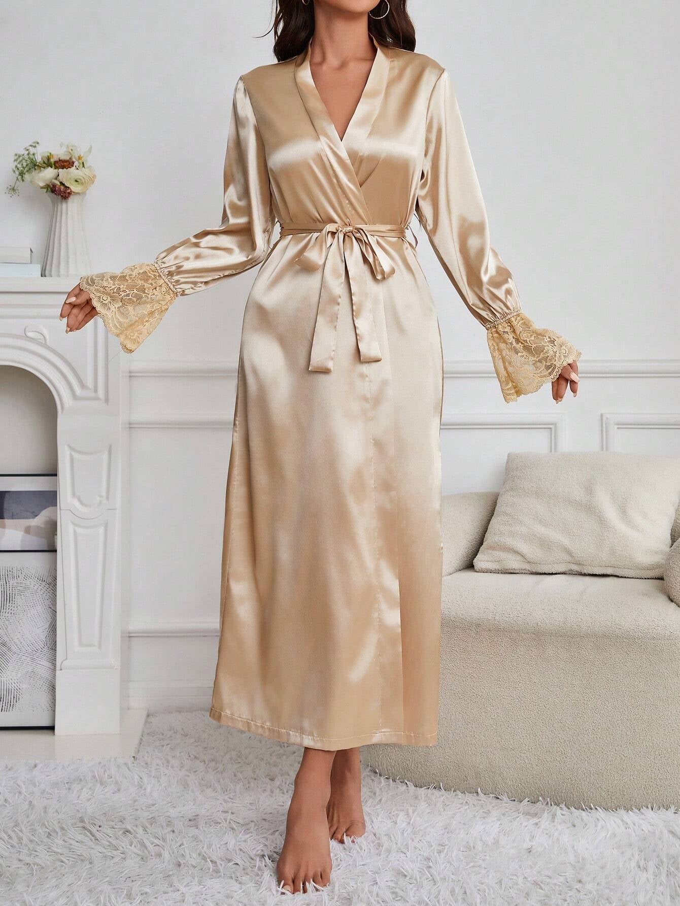 Women'S Satin & Lace Patchwork Belted Robe