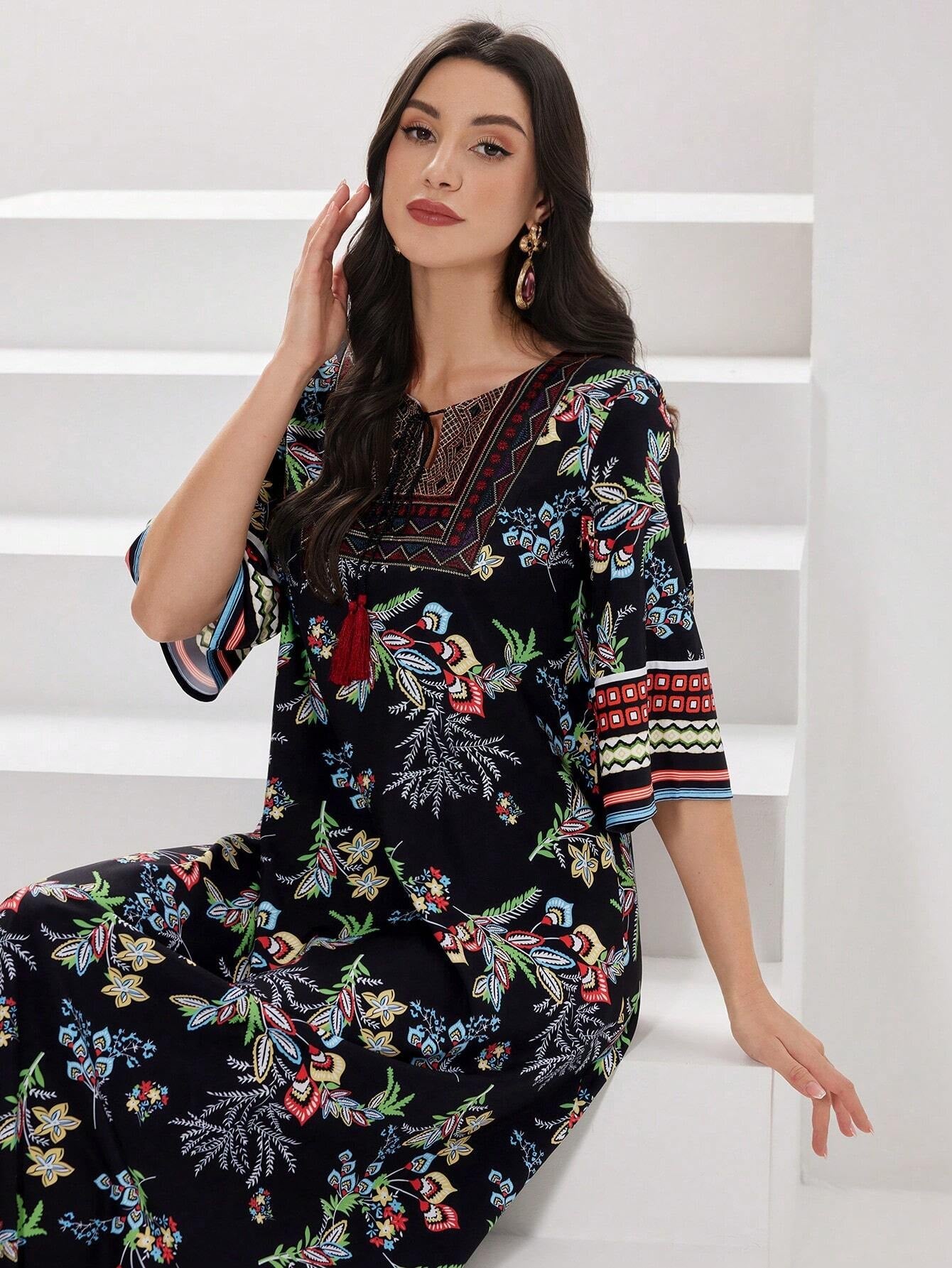 Najma Women'S Floral Printed Arabian Style Dress with Bell Sleeves