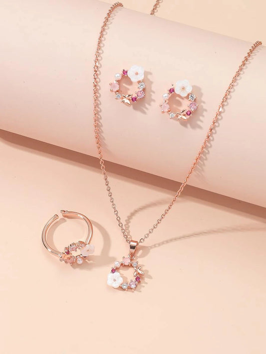 SHEIN طقم 4 قطع مزين بالأزهار وأحجار الزركونيا