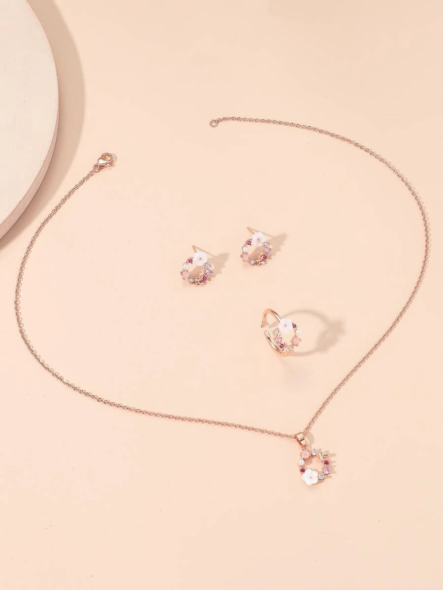 SHEIN طقم 4 قطع مزين بالأزهار وأحجار الزركونيا