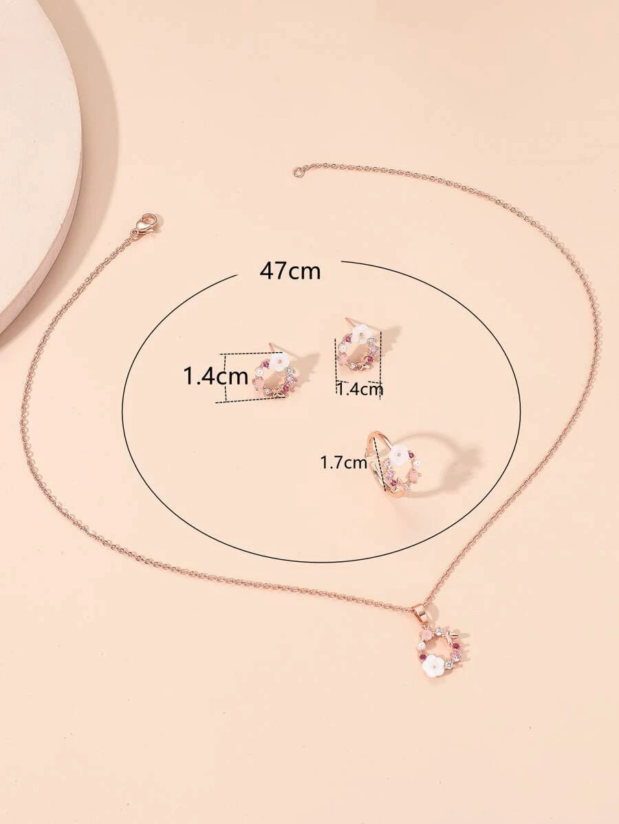 SHEIN طقم 4 قطع مزين بالأزهار وأحجار الزركونيا