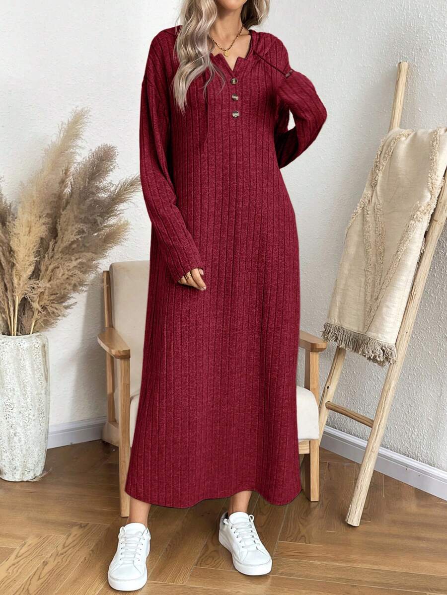 SHEIN LUNE فستان طويل الأكمام وسط الطول بقباء لون واحد محبوك للنساء