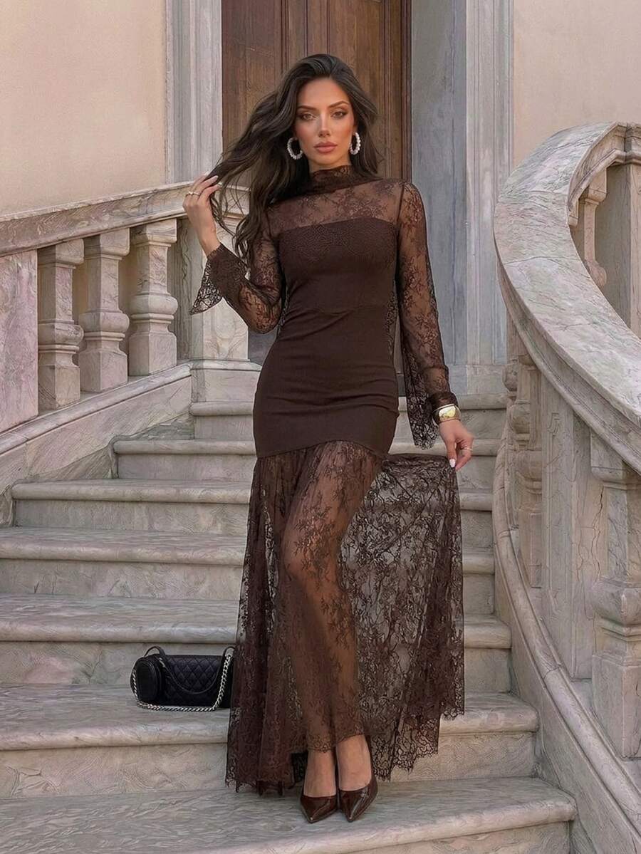 SHEIN Firerie فستان بني بأكمام طويلة وتفاصيل دانتيل وشريط شفاف