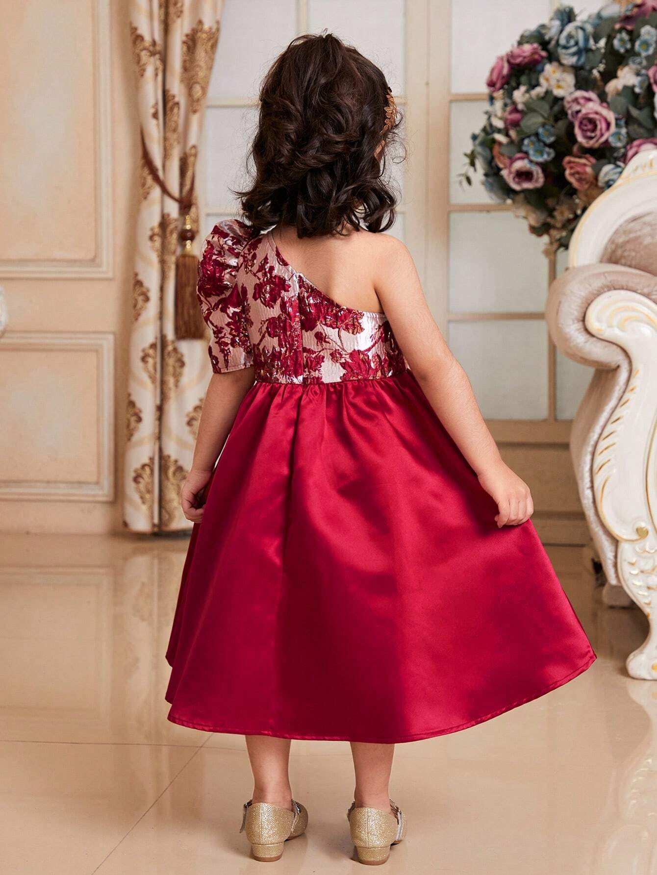 Young Girls' Pretty Stylish Jacquard Splice Oblique-Shoulder Puff Sleeve Mid-Length Dress with A-Line Hem