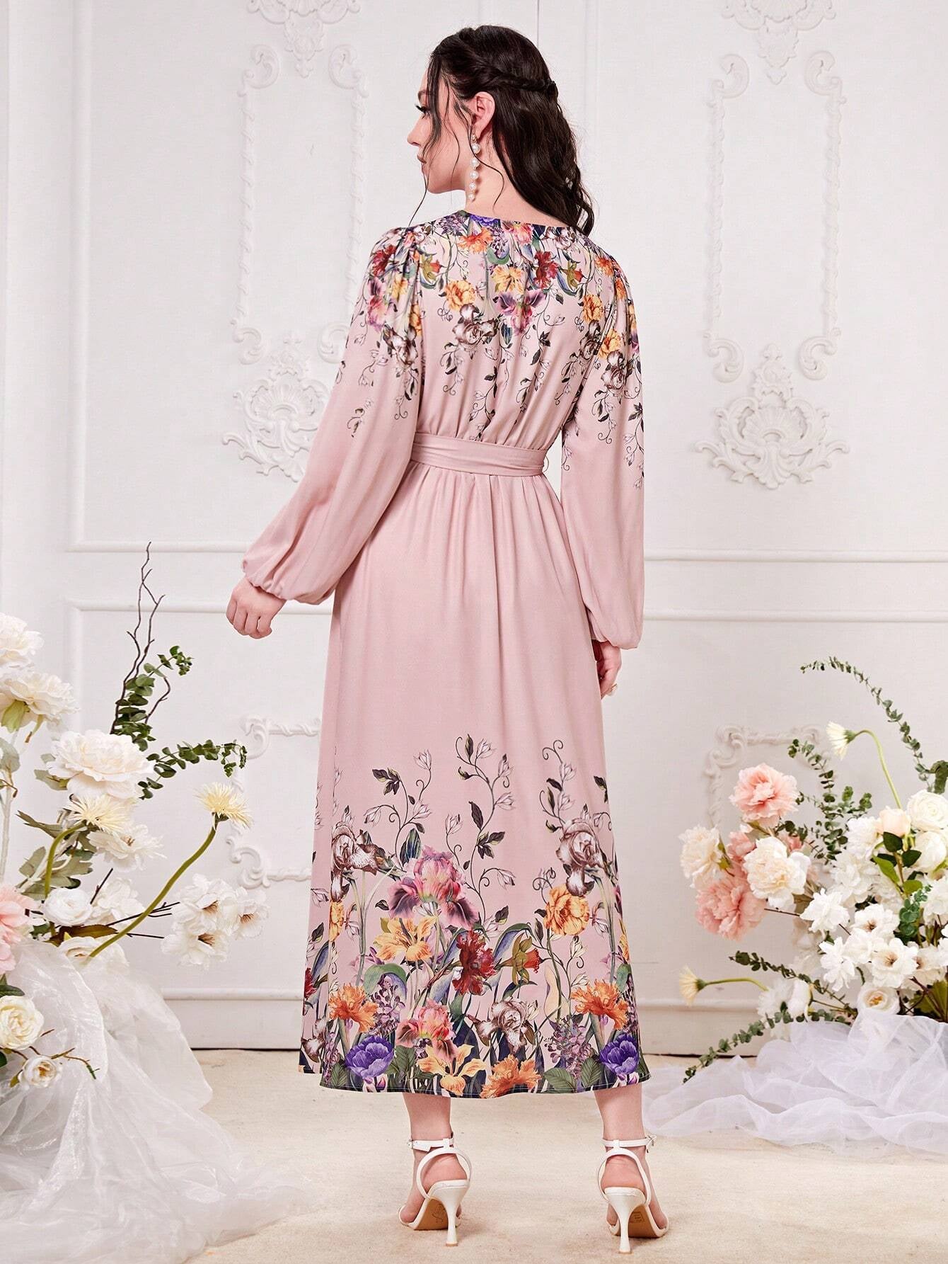 Modely Floral Print Lantern Sleeve Belted Dress