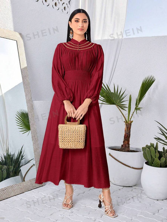 SHEIN Modely فستان أنيق للنساء بأكمام فوانيس وخصر ضيق، بحزام منسوج باللون الأحمر البرغندي