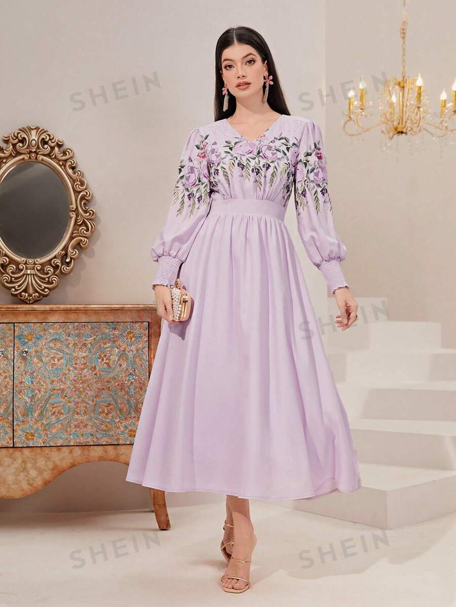 SHEIN Modely فستان بشريط A طباعة الأزهار أكمام فانوس