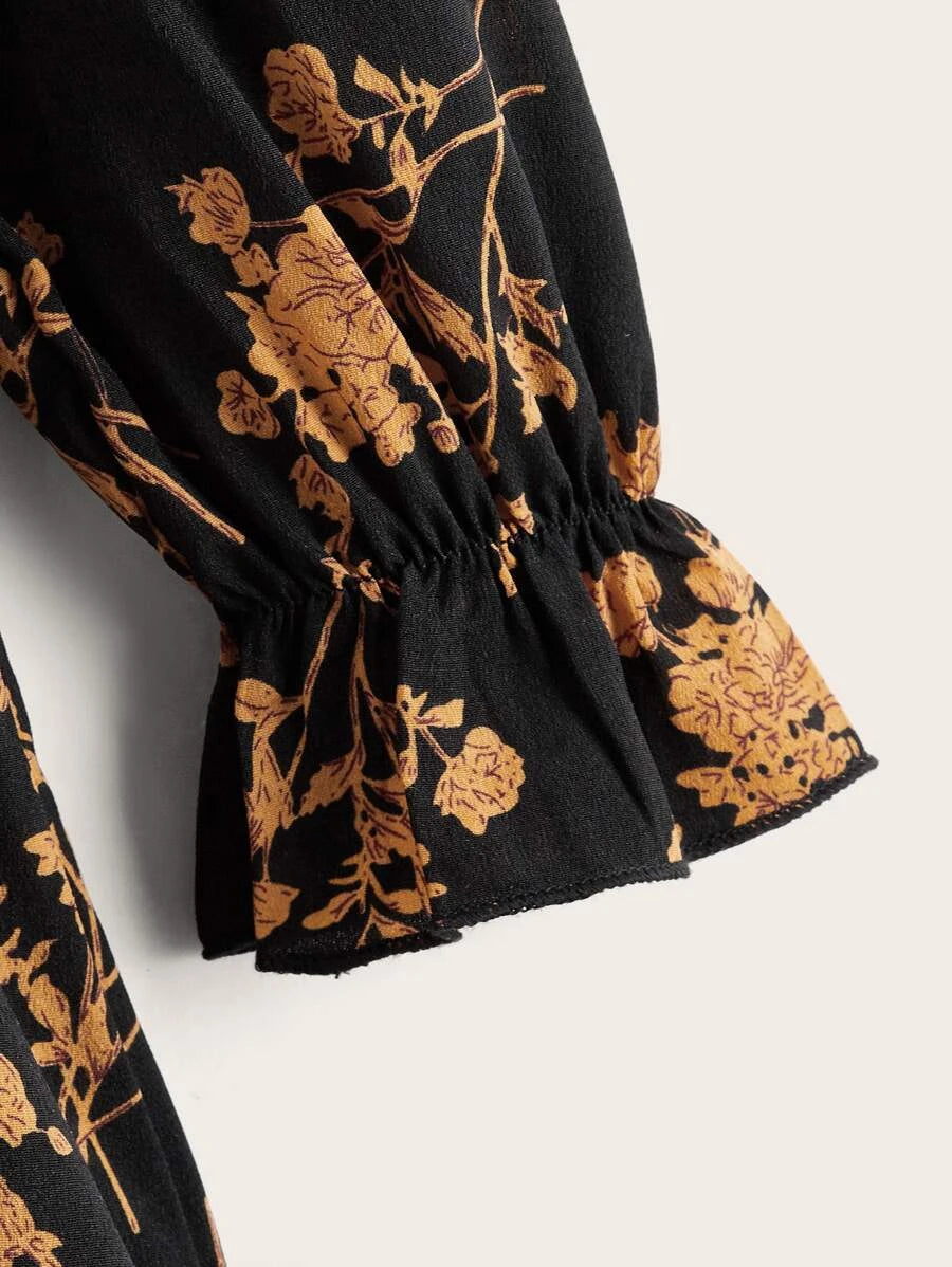 SHEIN Kids فستان بنات بأكمام كشكش طويلة وياقة مطاطية