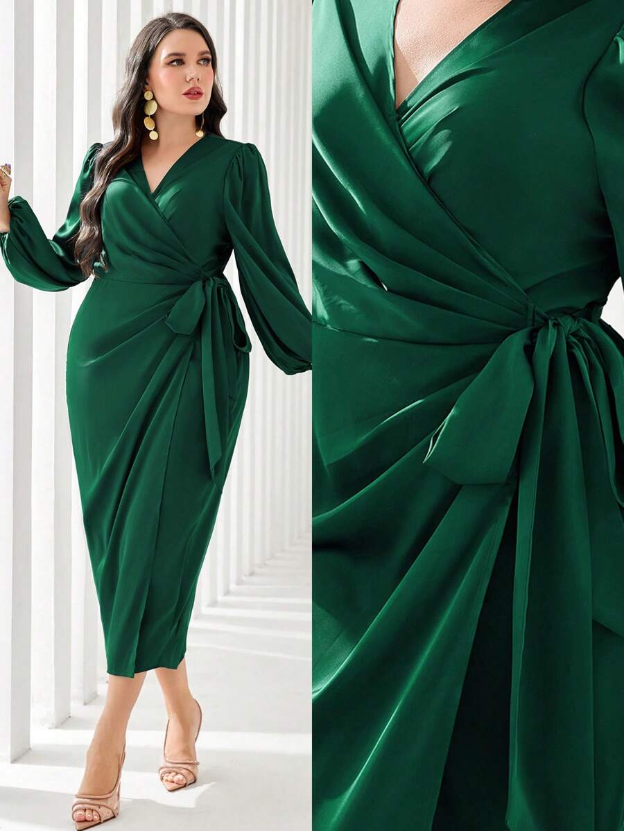 SHEIN Modely فستان ملفوف بالجانب بأكمام فوانيس، للكريسماس