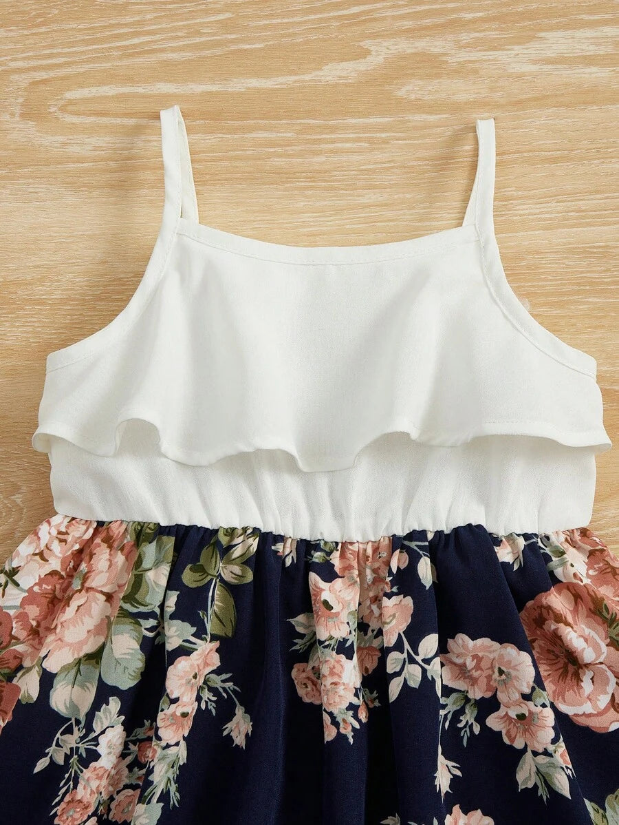 SHEIN Kids فستان بنات أطفال بطبعات زهور وتفاصيل كشكش