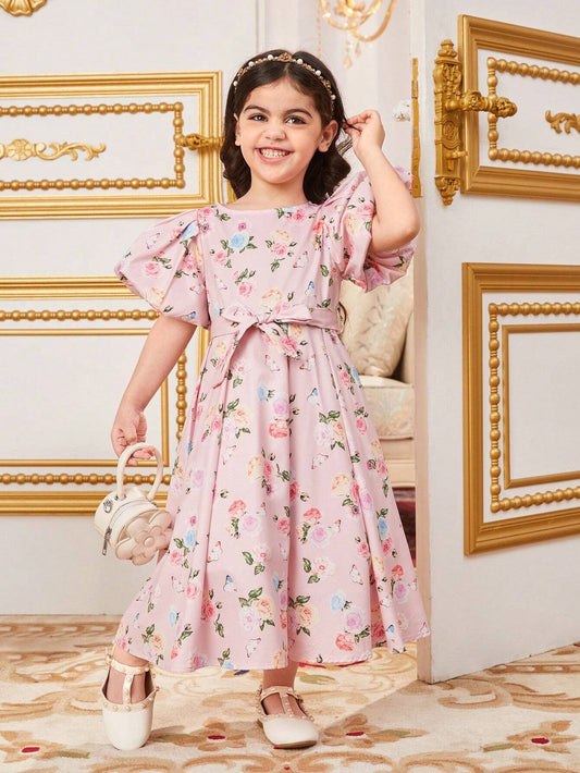 SHEIN Kids فستان بنات زهور أنيق بأكمام منفوخة ورقبة دائرية مع حزام خصر للفتيات الصغيرات